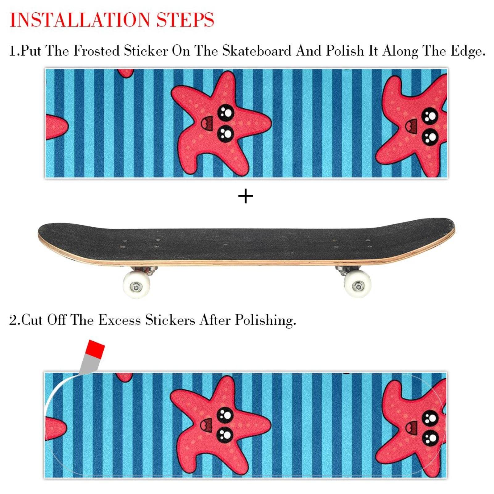 Lot de 2 feuilles de papier abrasif pour skateboard, longboard, scooter, planche à roulettes, motif étoiles de mer, bleu