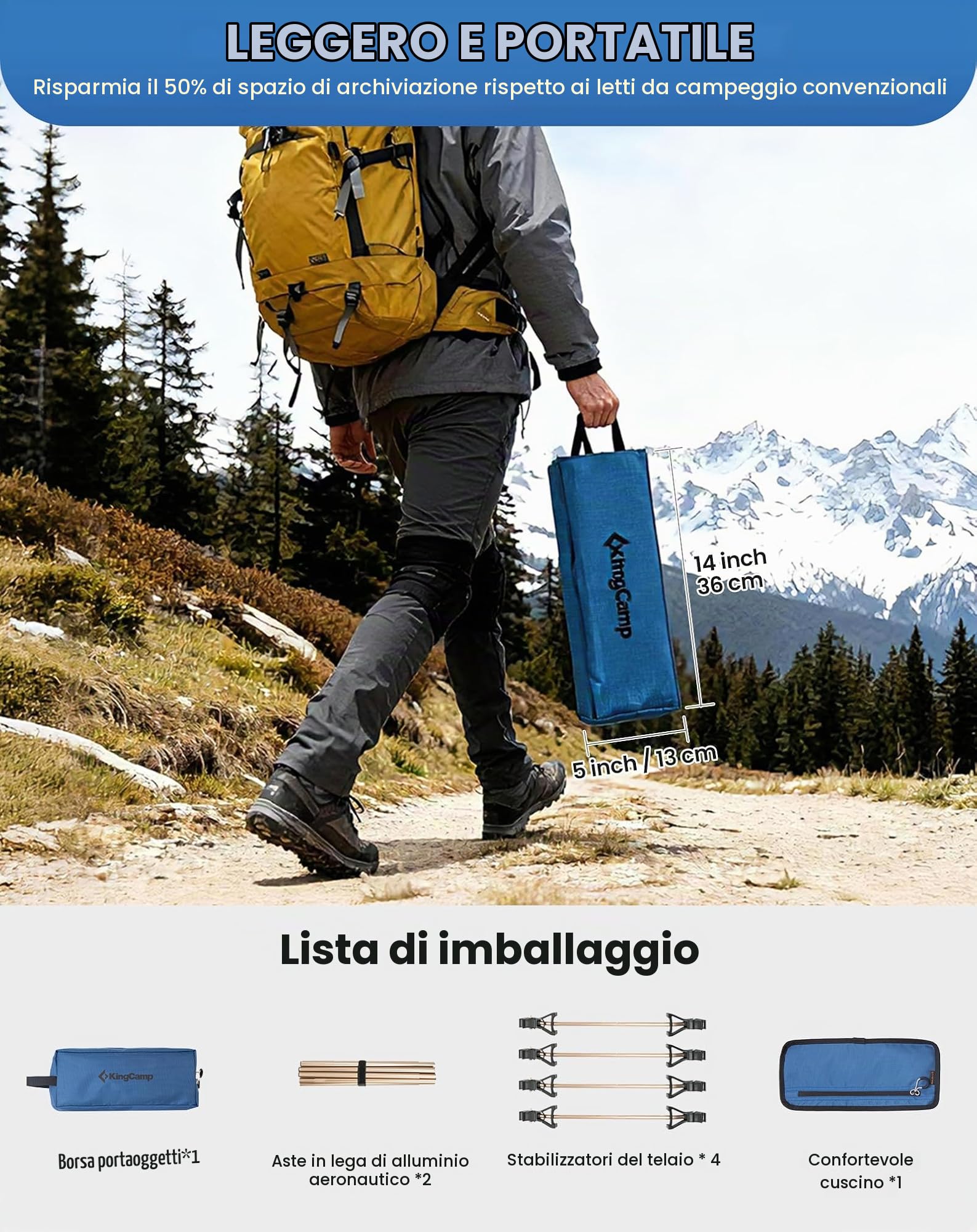 KingCamp Lettino da Campeggio Ultraleggero 2,2 kg, Compatto 36x13 cm Blu | Brandina Pieghevole 190x64 cm, Portata 120 kg per Camping, Moto, Trekking, Letto Ospiti, Festival e Giardino