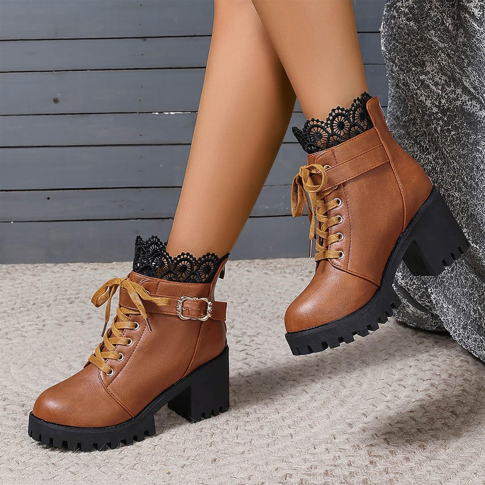 Botines De Mujer Moda Invierno Con Encaje Trasero Cremallera Plataforma Botas Con Tacón