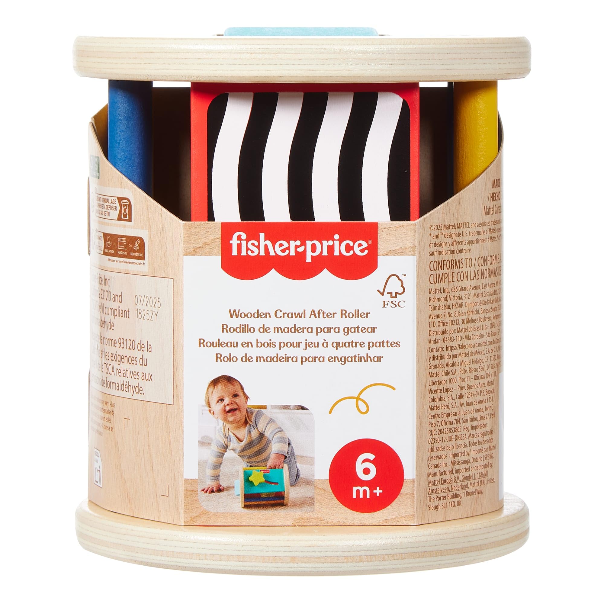 Fisher-Price - Rullo Gattona con Me, Giocattolo in Legno Che stimola Il Gattonamento, Suoni sensoriali, levette cercaforme e Specchio per la Scoperta di sè Inclusi, 6+ Mesi, JKH17