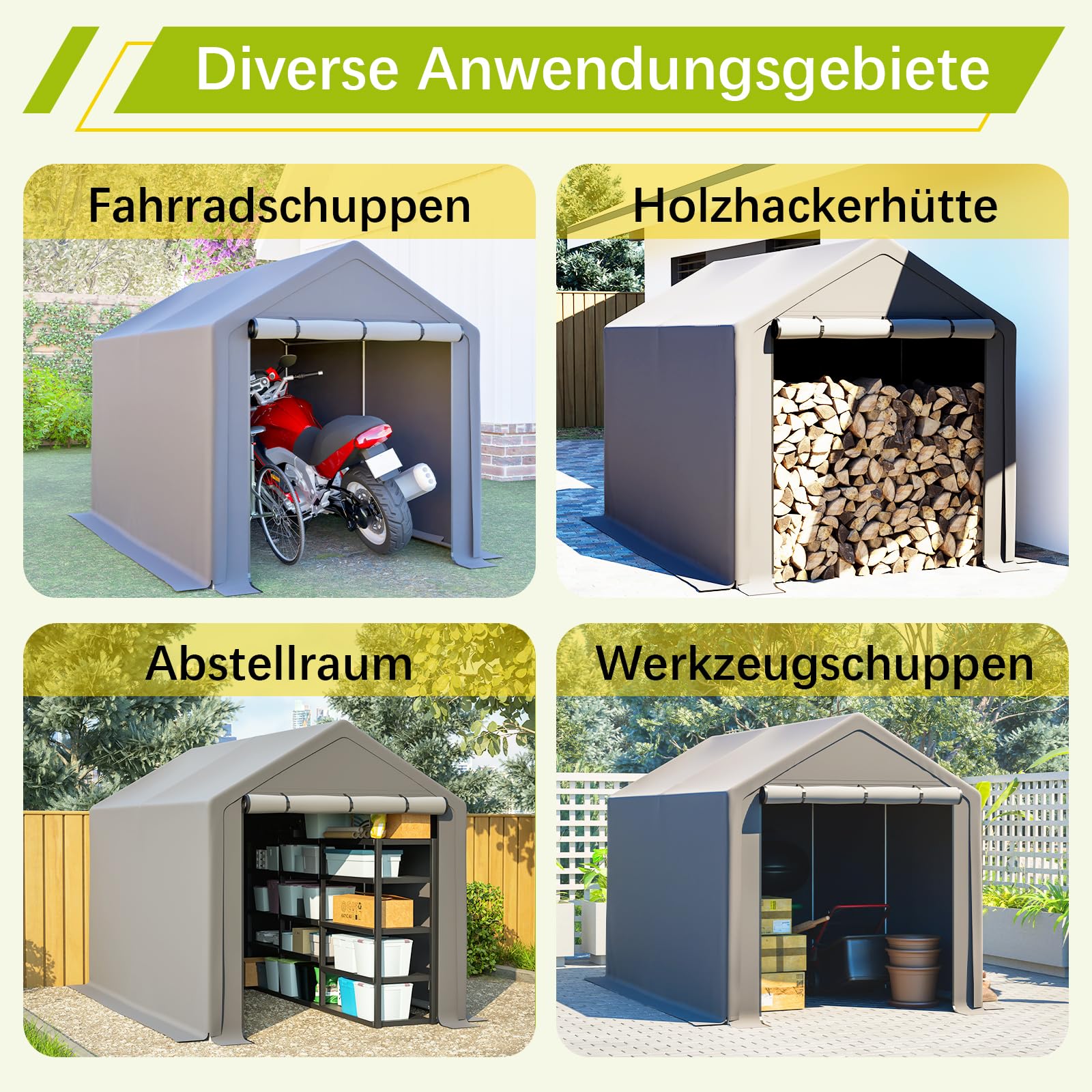 Garagenzelt Wasserdichtes Lagerzelt mit Rolltor, Robuster Stahlrahmen & UV-beständige Plane, Grau – Ideal für Fahrräder, Gartenmöbel & Mehr (3X 1,9)