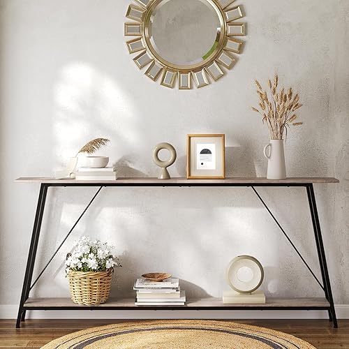 Miniatura 2 de YATINEY Mesa consola de 63 pulgadas, mesa de entrada larga y estrecha, mesas de sofá industriales delgadas, mesa de pasillo de 2 capas para entrada,