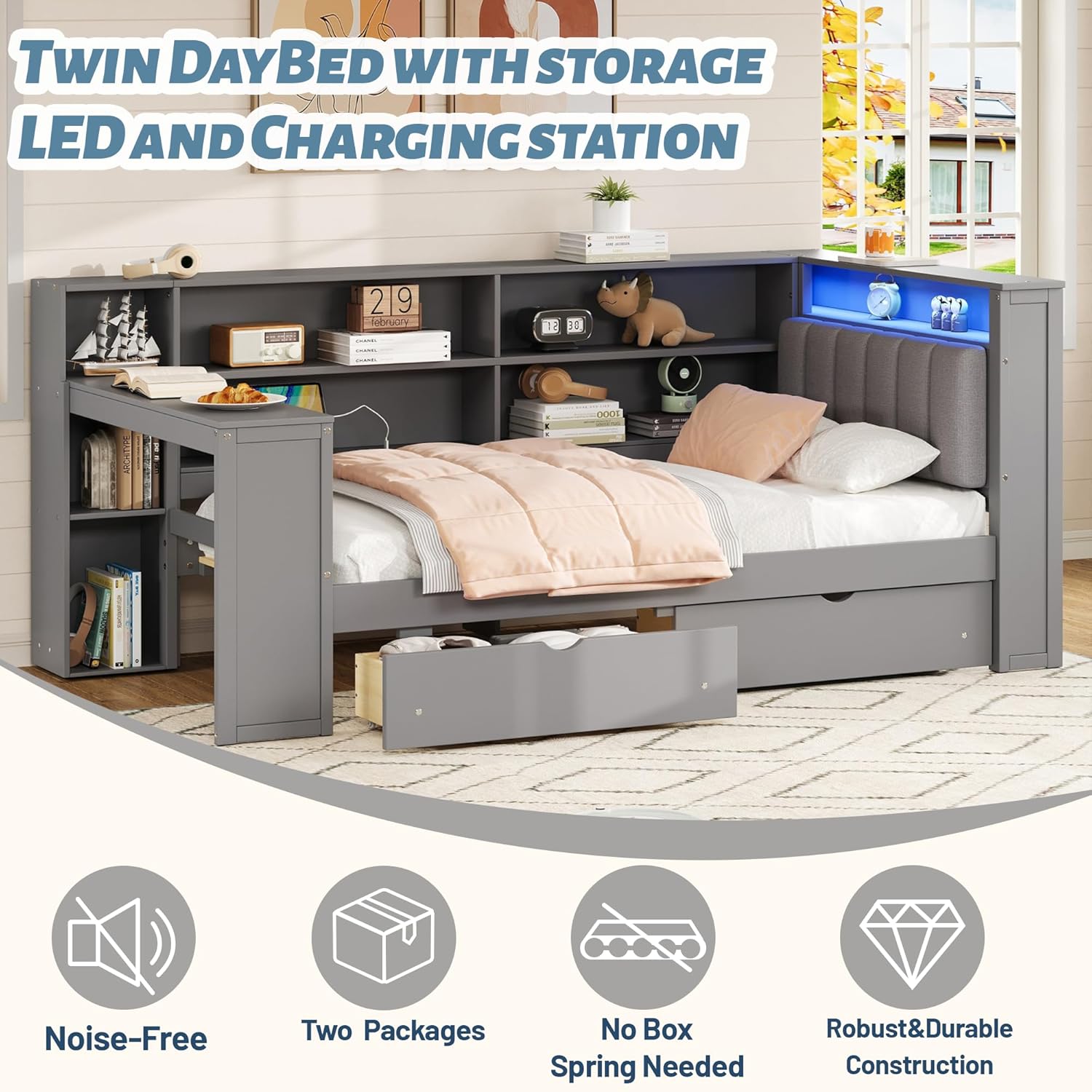 Twin Size Daybed with Desk & LED & Charging Station,Wood Daybed with Storage Drawers and Shelves for Kids Teens Adults, Sleeper Sofa Couch with Upholstered Headboard for Living Room Bedroom, Gray