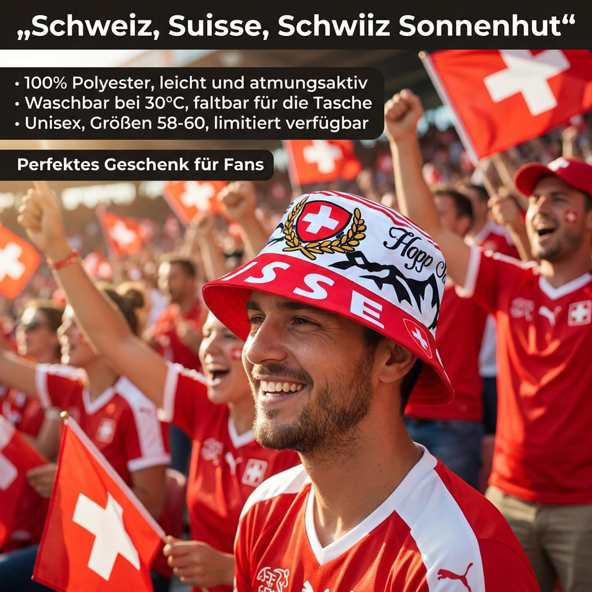 Generisch Suiza, Suisse, Schwiiz, sombrero para el sol, sombrero de pescador, sombrero militar, sombrero de cubo, azul, blanco, rojo, 59