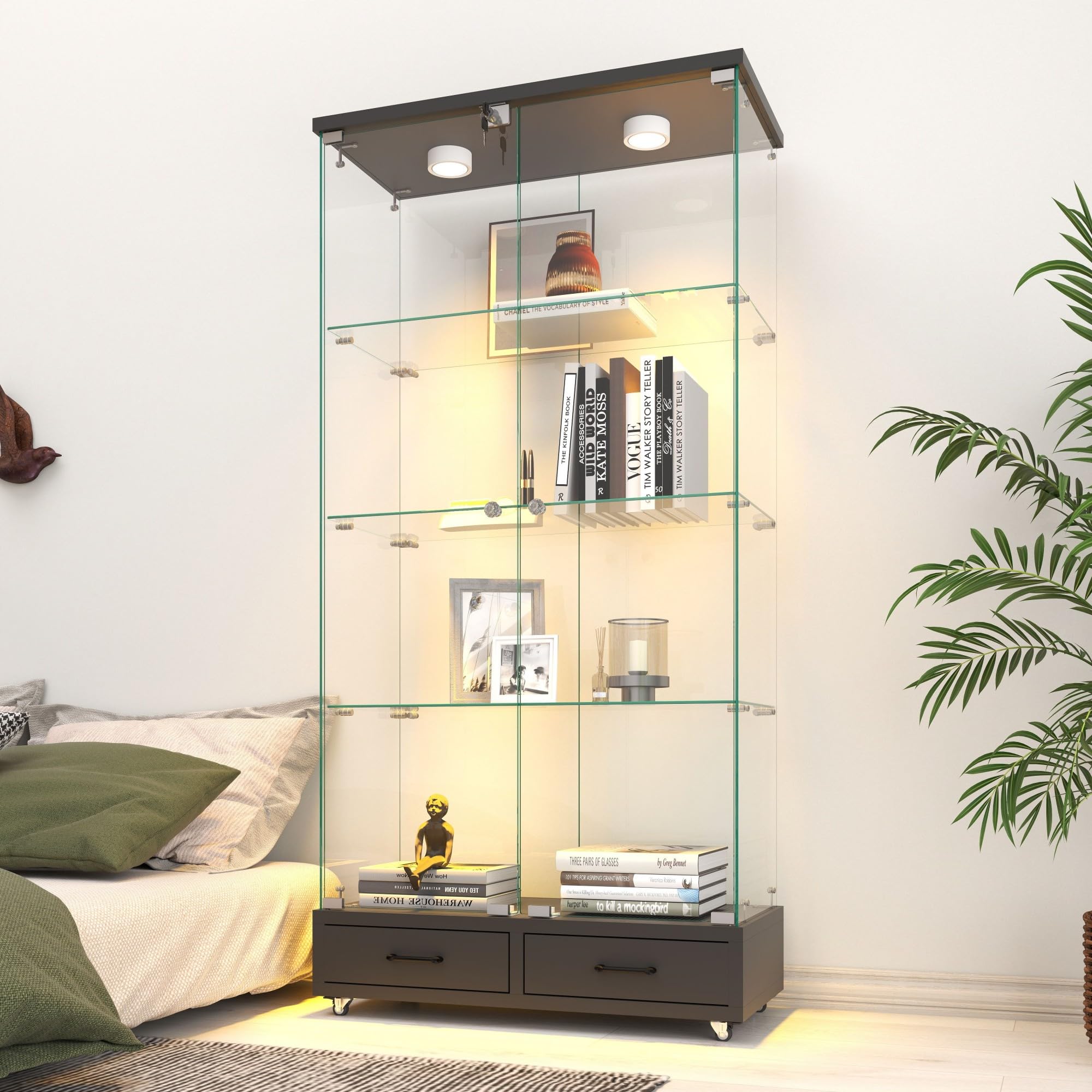 Yoluckea 4 Tier Glass Display Cabinet with LED Lighting and 2 Drawers, 2 Doors Floor Standing Curio Cabinet with Wheel for Home, Office, Corner