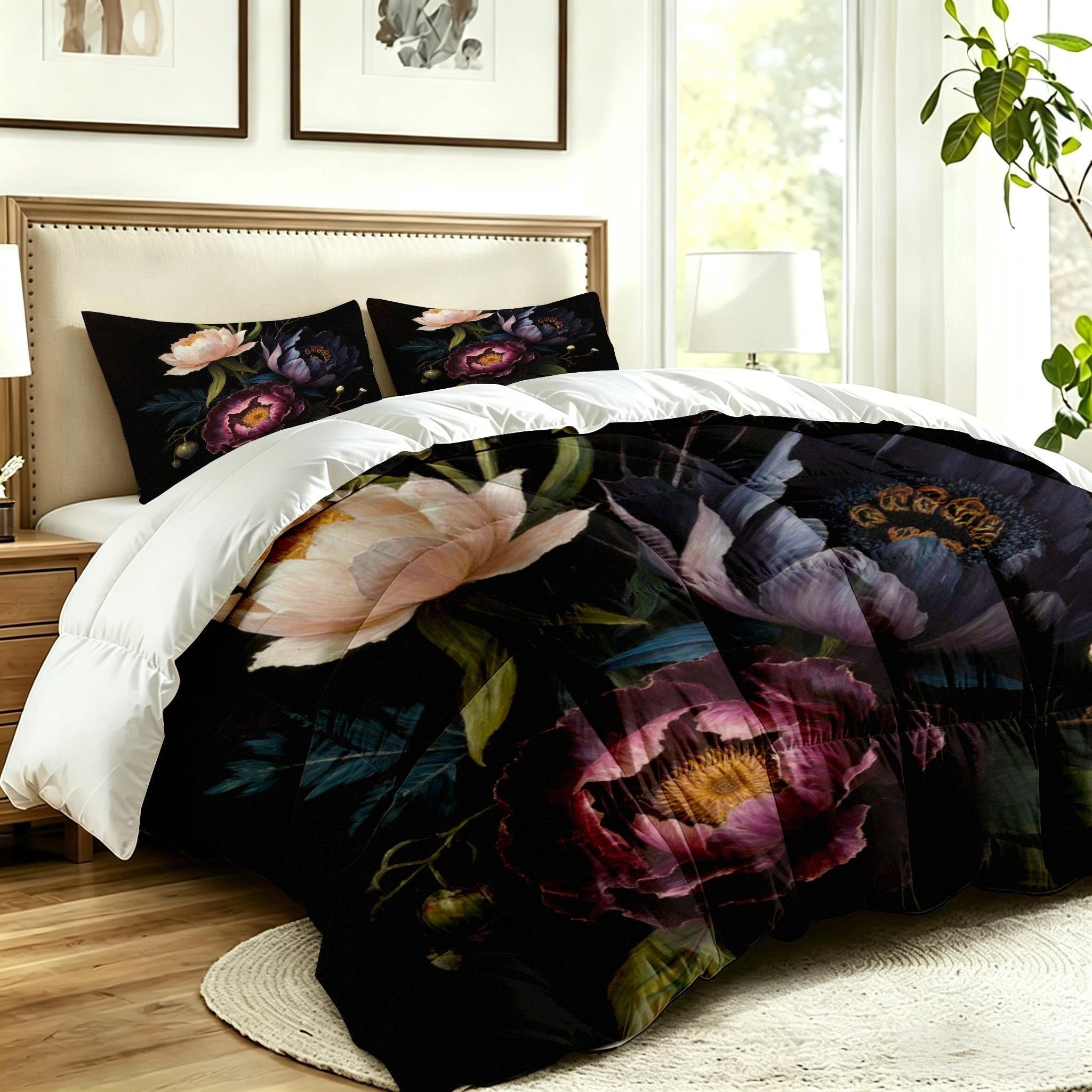 Piumone 150x200cm Fiore Nero Set 3 Pezzi Microfibra per Adulti-A220