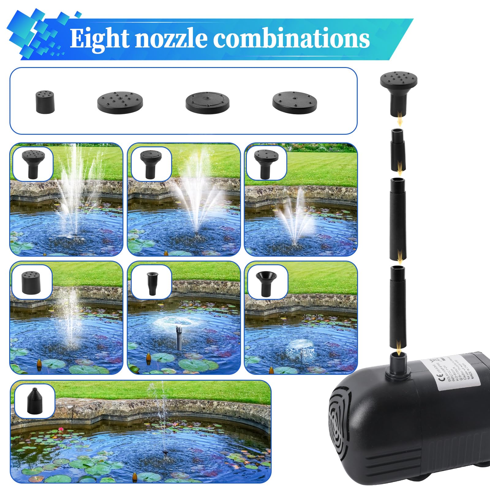 Fuente solar de estanque de 10 W, bomba solar de estanque de 1350 l/h con cable de alimentación de 16.4 pies, bomba de fuente de agua solar para estanques de jardín, piscina Características del agua