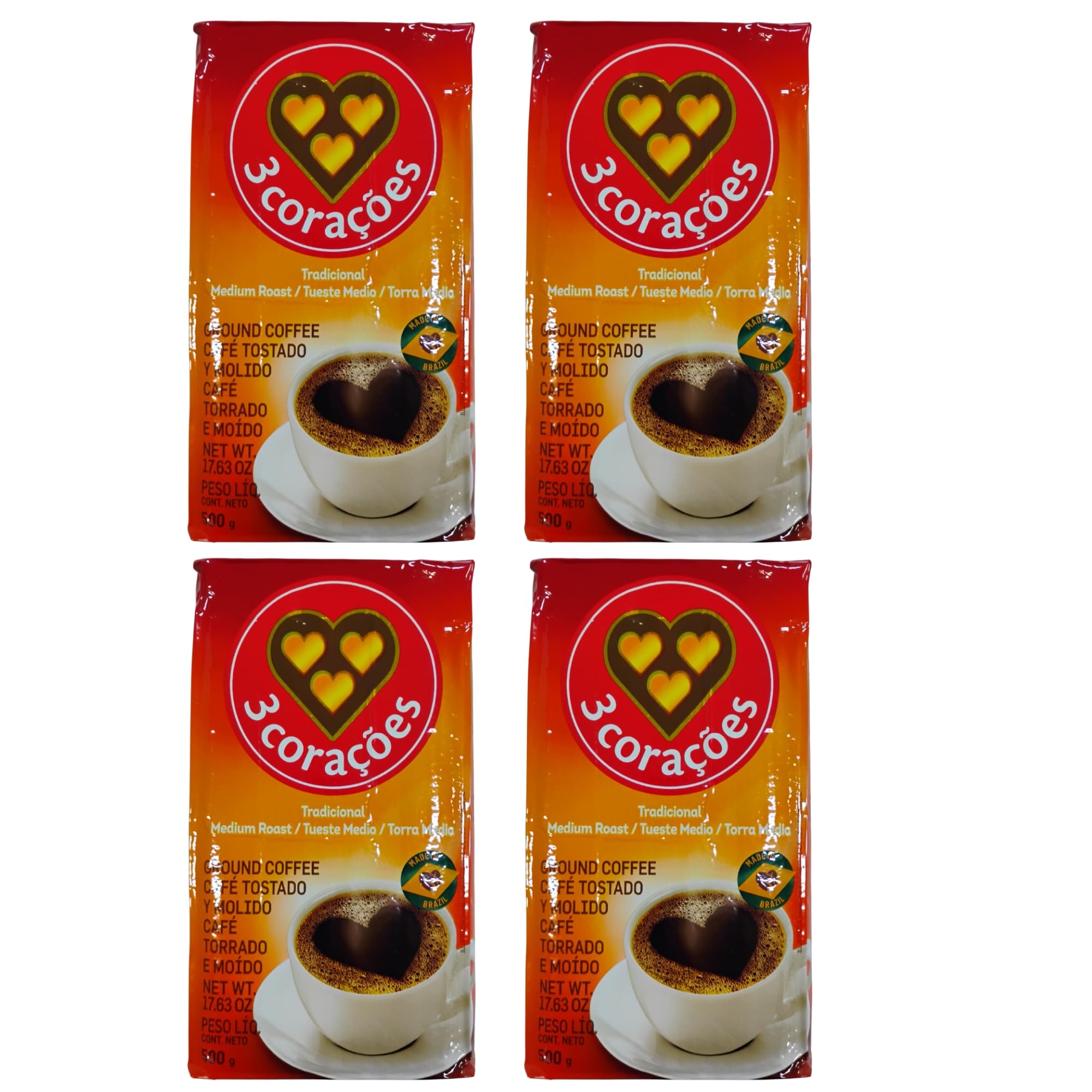 Traditional Brazilian Ground Coffee - 17.6 ounces - Vacuum Sealed Pack of 4 - Fine Ground Coffee Medium Roast - Naturally Processed for Unique Flavor, Aroma, and Full Body Texture