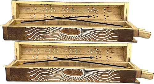 Vista 43 de Paquete de 2 quemadores de incienso de madera tipo ataúd - Incrustaciones de latón de 12 pulgadas - Compartimento de almacenamiento (Buddha)