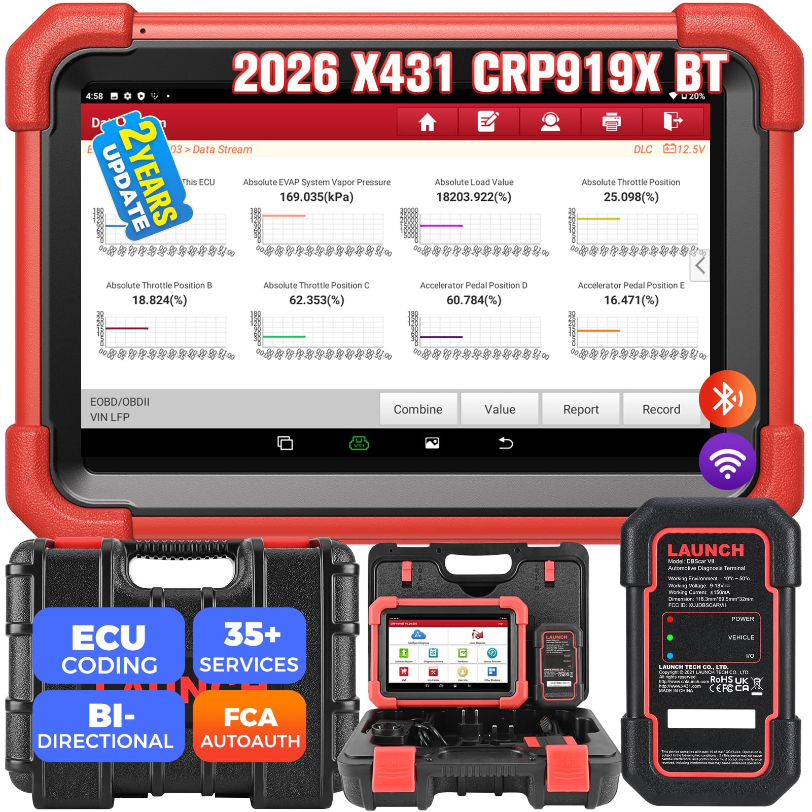 LAUNCH X431 CRP919XBT OBD2 Scanner, 2026 Wireless Bidirectional Scan Tool with ECU Coding, 35+ Services, All Systems Diagnostic, FCA AutoAuth, 2Yrs Free Update, V.A.G Guide, CANFD, Upgraded of CRP919X