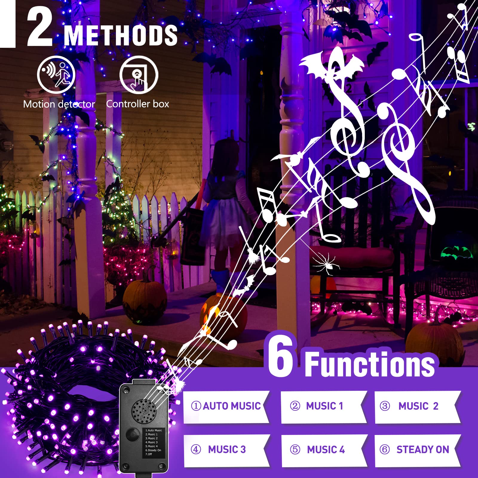 EAMBRITE Halloween Decorations 82 FT 200 LED Halloween String Lights with Spooky Music Motion Sensor Controller Twinkle Waterproof Purple String Lights Plug in for Indoor Outdoor Tree Party Yard