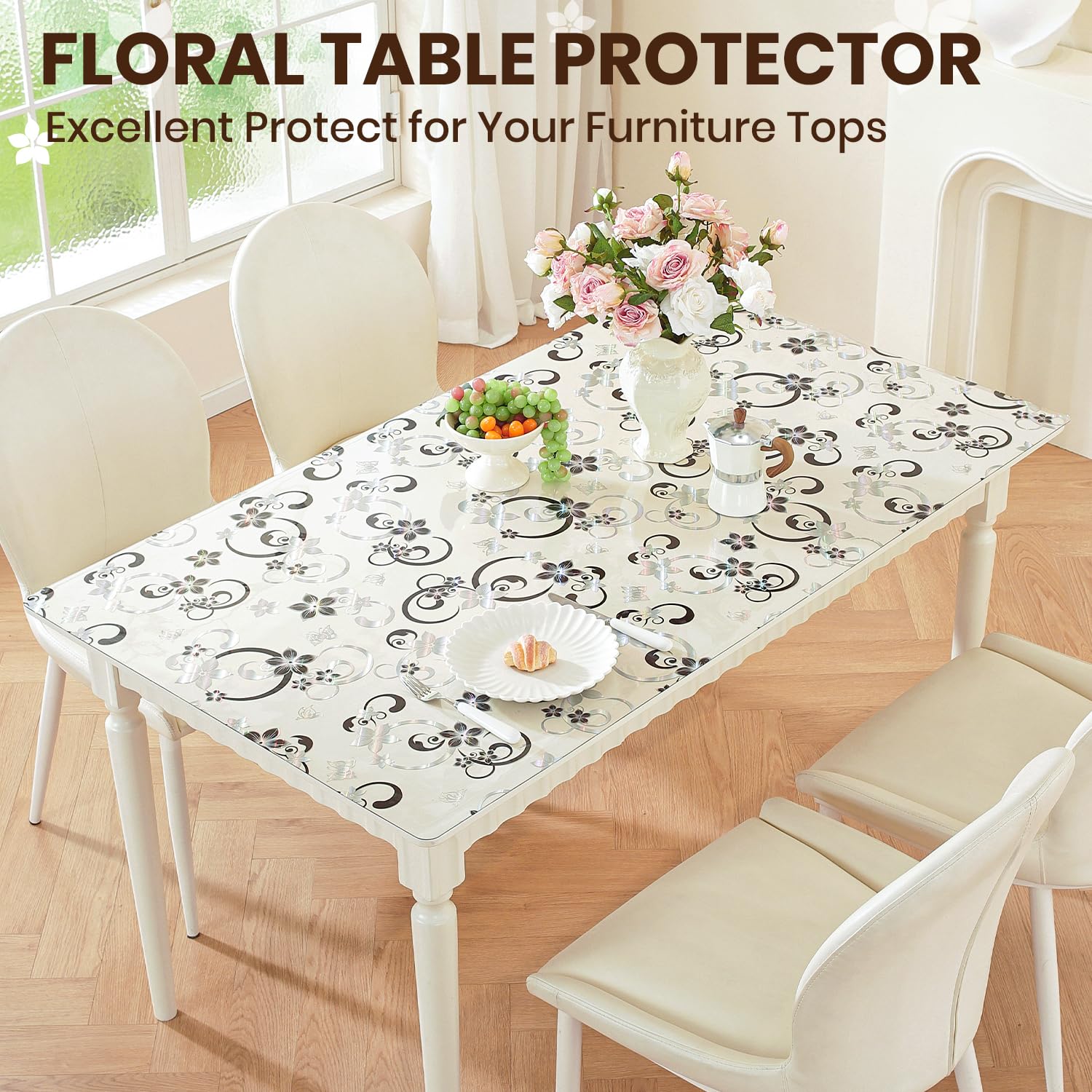 OstepDecor Nappe Transparente Épaisse 2mm, 60 x 110cm, Protection Table Antitâche et Imperméable, Lavable et Résistante, à Décoration Florale