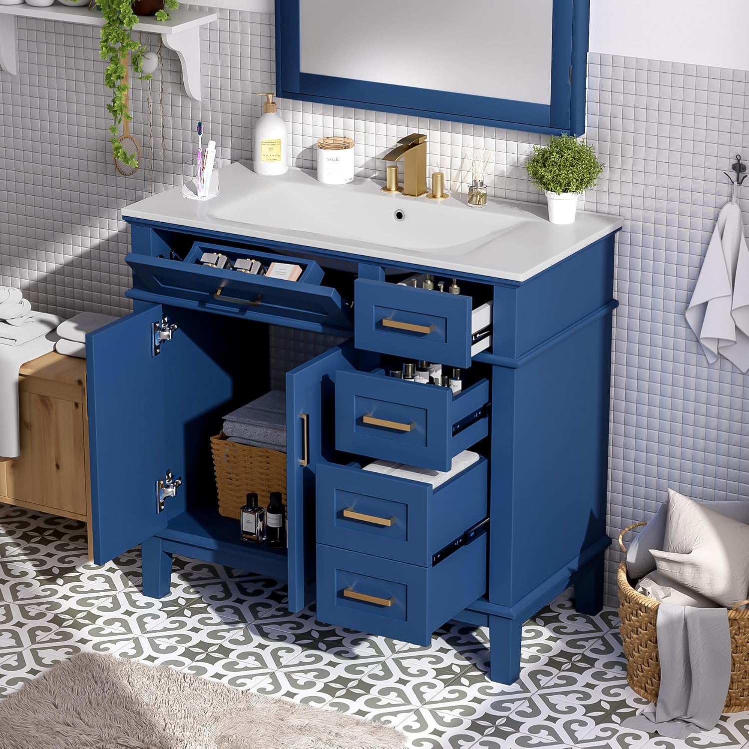 LZ LEISURE ZONE 36" Bathroom Vanity with Ceramic Sink, Modern Bathroom Cabinet, Featuring 2 Soft Close Doors and 4 Drawers, Blue