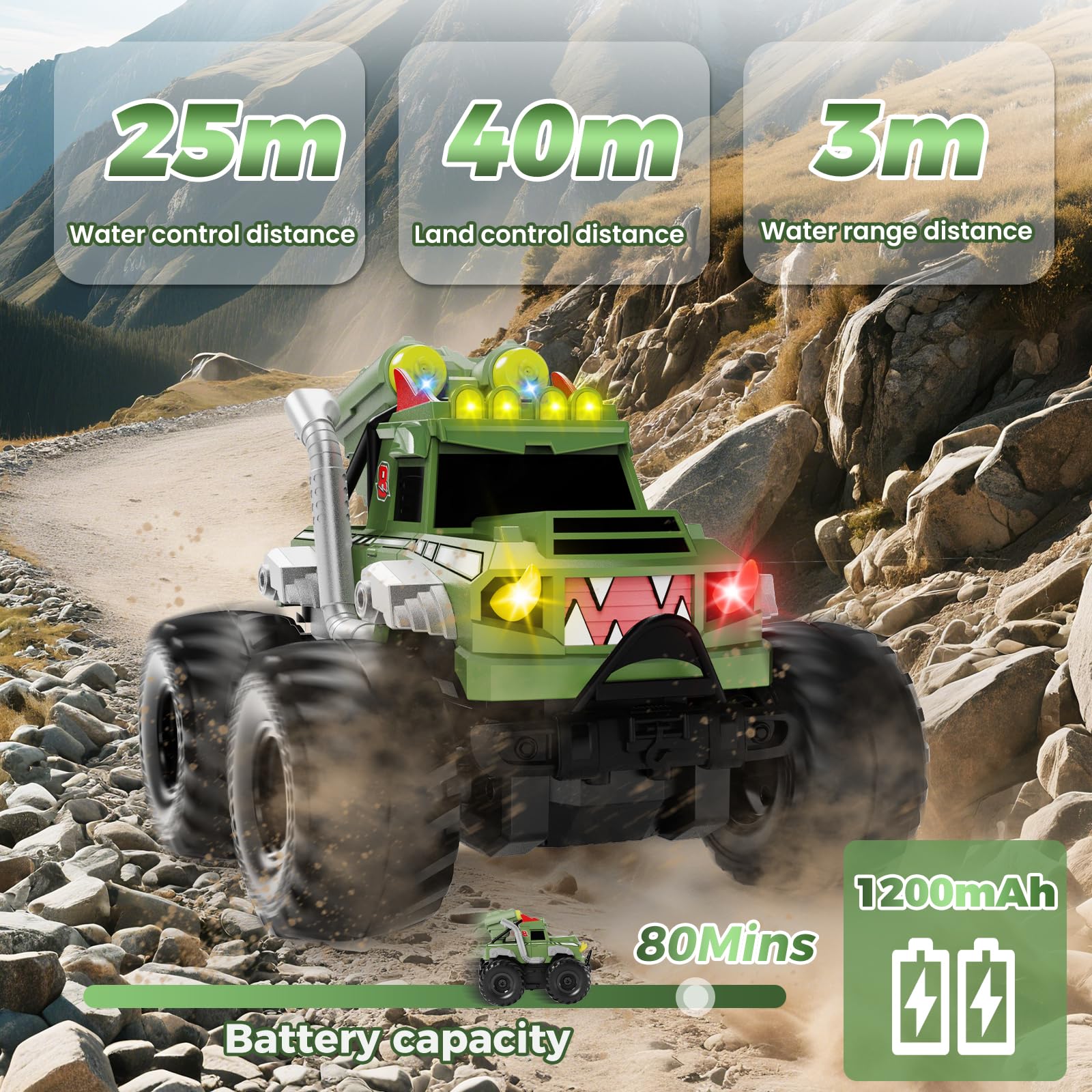Dysaim Voiture Télécommandée Tout Terrain, Monster Truck Télécommandé, 4WD Voiture Telecommandé Enfant, Jouets pour Enfants Avancés, 2.4 Ghz Amphibie Toys RC Drift, Cadeau Enfant 6-12 Ans