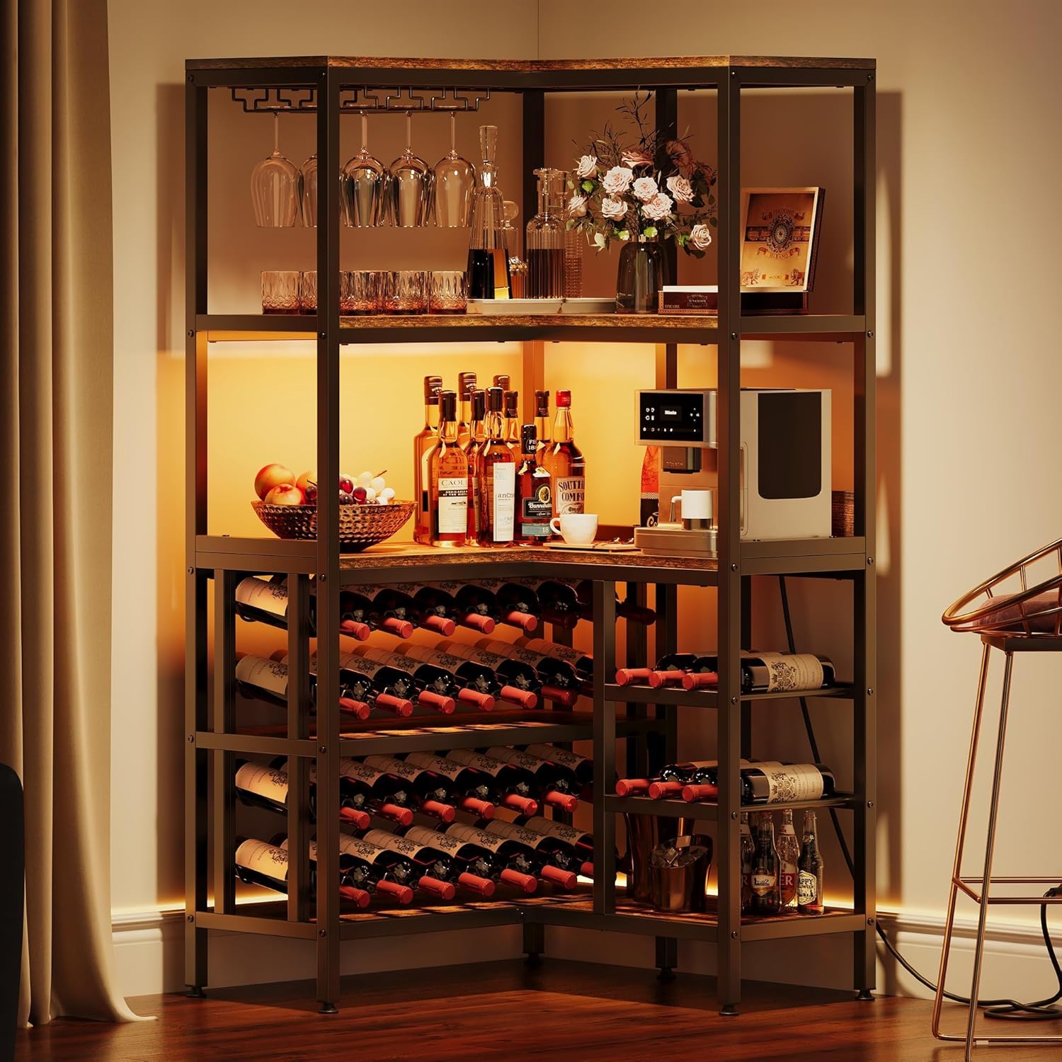 YITAHOME Large Corner Wine Rack, 63'' Corner Bar Cabinet with Power Outlet and LED Light, 5-Tier L Shaped Industrial Liquor Cabinets w/Glass Holder, Open Display Cabinet for Home, Brown