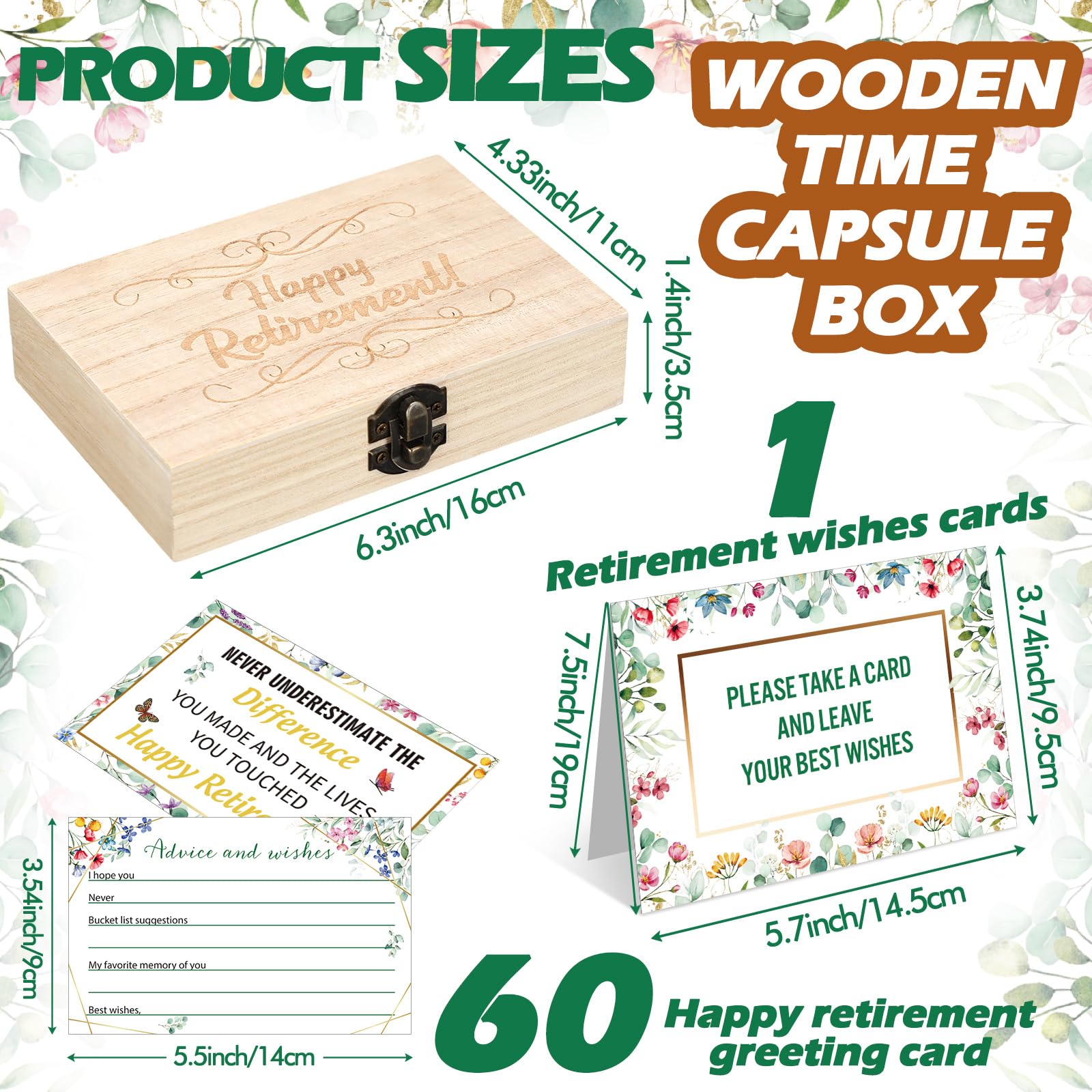 Novabright 62 tarjetas de caja de jubilación con texto en inglés "Greenery Happy Retirement Box", tarjetas de madera con letrero de mesa, consejo de deseos, felicitaciones, tarjeta de libro de