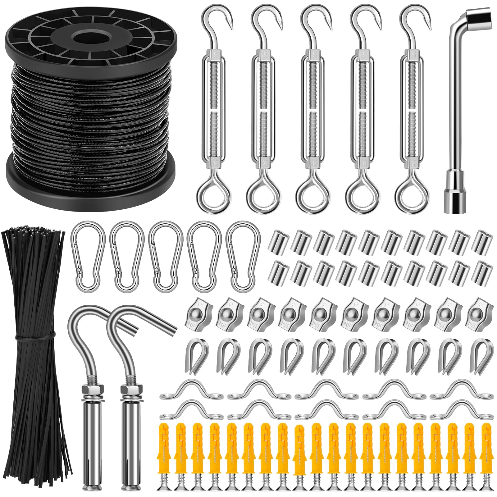 CGBOOM Fune metallica, 60 m, cavo in acciaio inox da 1/16, kit per appendere cavi in vinile nero con tenditori e ganci per sistema di ringhiere per ponte, appendere luci esterne, recinzione da