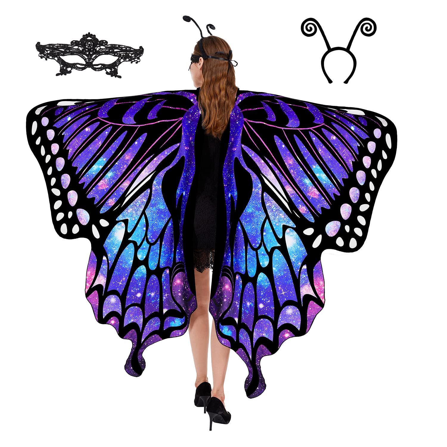 Butterfly Wings Costume Adult Women - Halloween Cape with Antenna Headband and Lace Mask