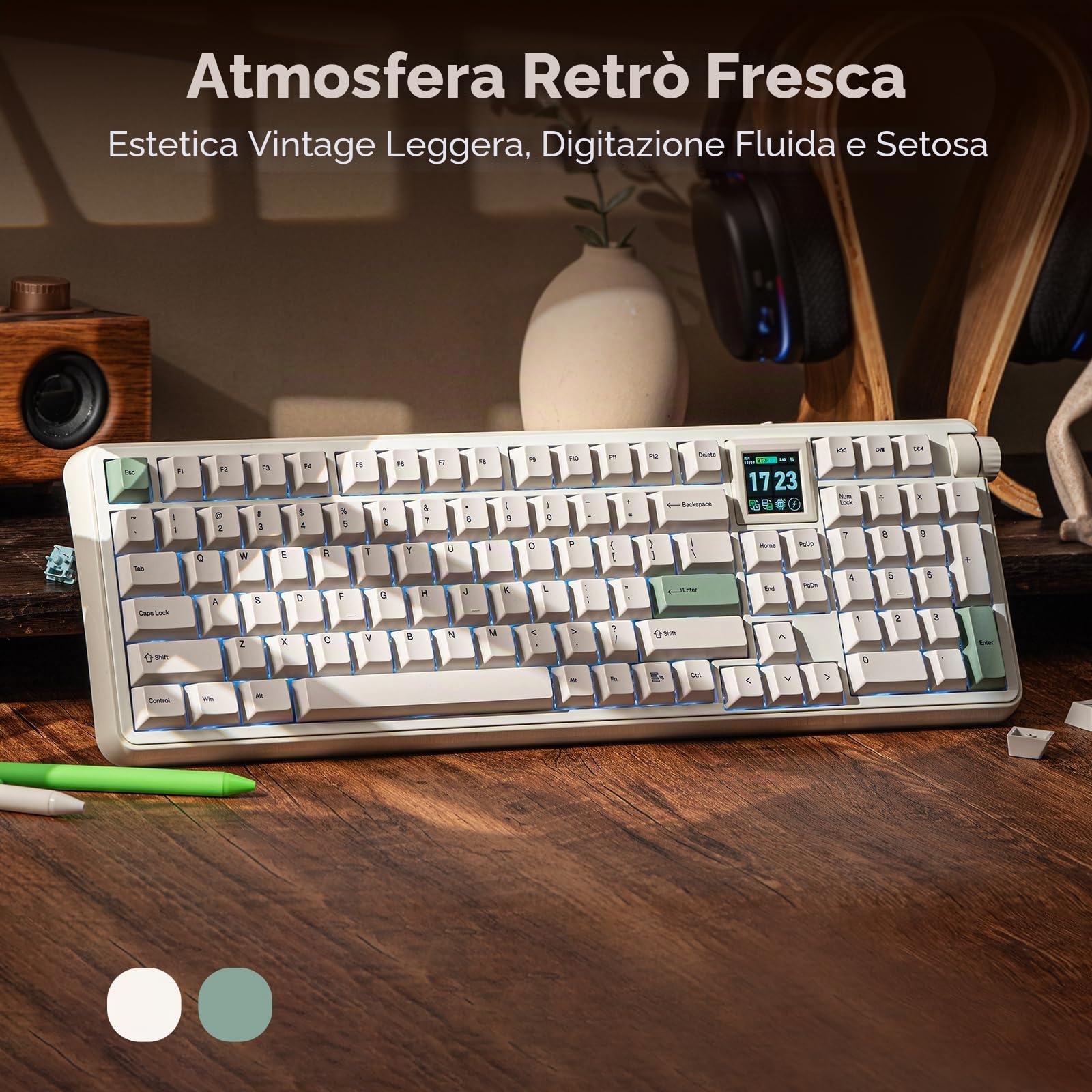 EPOMAKER RT100 PRO Tri-Mode Tastiera Meccanica, 1.54" Hot-Swap Screen, Knob, Retro PBT Keycap, Mac Keys, Thocky Gasket, Custom Driver, RGB, BT/2.4G Wireless Gaming Keyboard (Bianco, Sea Salt Silent)
