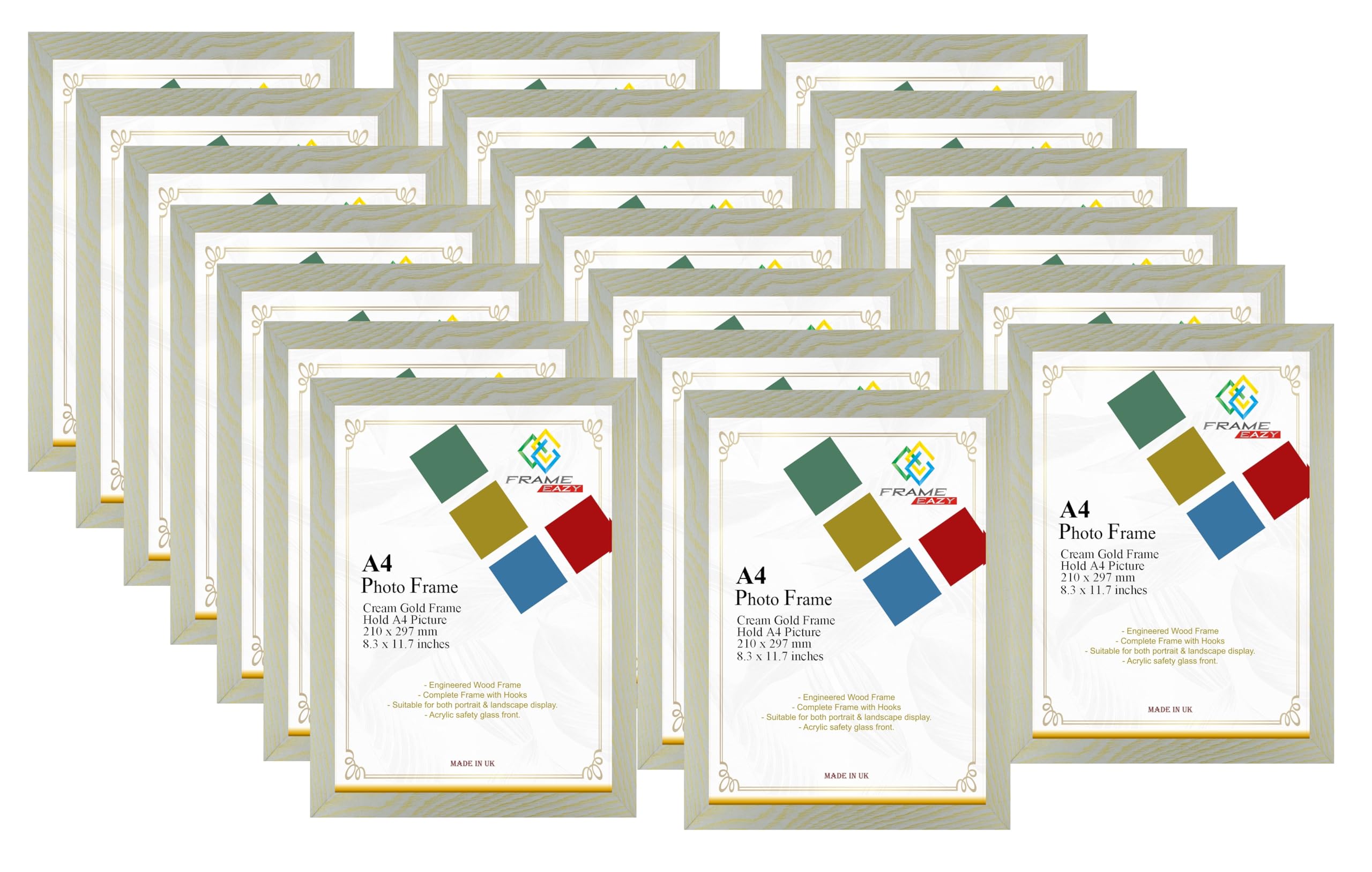 FRAME EAZY Cream Gold Modern A4 Photo Frame Multipack of 20 in Size 29.7 x 21cm Picture Frames - A4 Certificate Frame - Cream Gold Frame with Clear Perspex Sheet & Wall Mounted Hooks - Box of 20