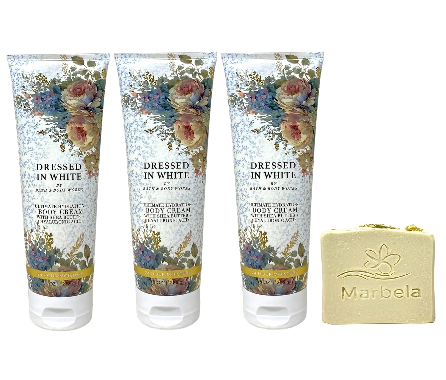 Bath & Body Works Dressed In White 3 Pack Ultimate Hydration Body Cream Bundle with a Wild Jasmine Bar Soap - Full Size