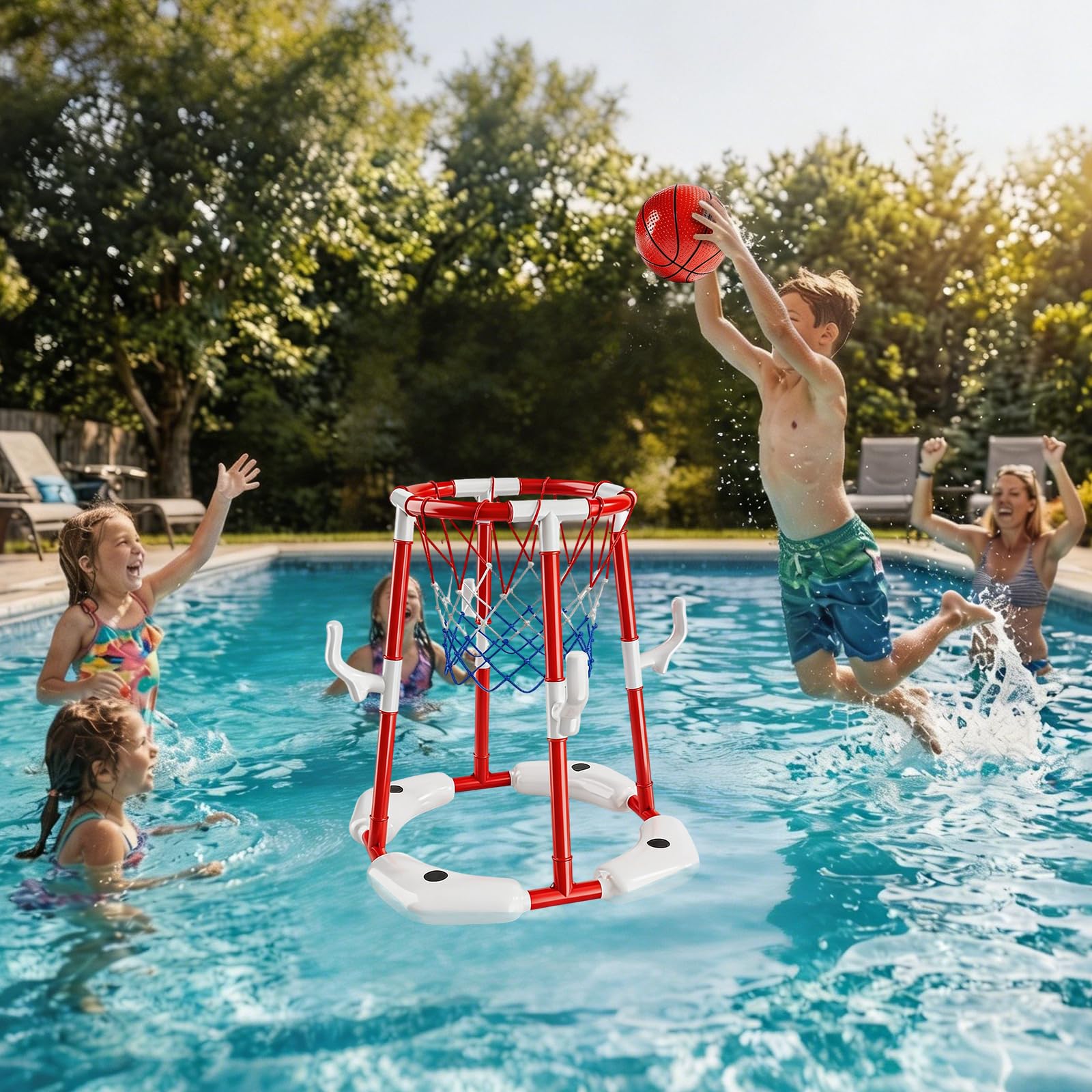 FARYODI Pool Basketballkorb, Basketballkorb für Erwachsene mit 4 Poolbällen und Pumpe, Schwimmende Aufblasbare Basketballspiele, Outdoor Spielzeug für Schwimmbad, Sommerpartys (Rot)