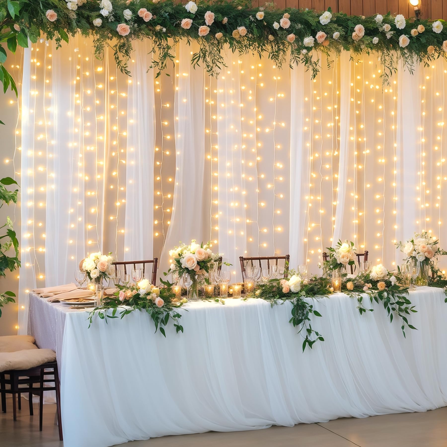 12,2 x 3 m weißer Tüll-Hintergrundvorhang mit Lichterschnur für Hochzeit, Brautparty, Dekorationen – faltenfreie, durchsichtige Vorhänge für Party, Babyparty, Fotohintergrund