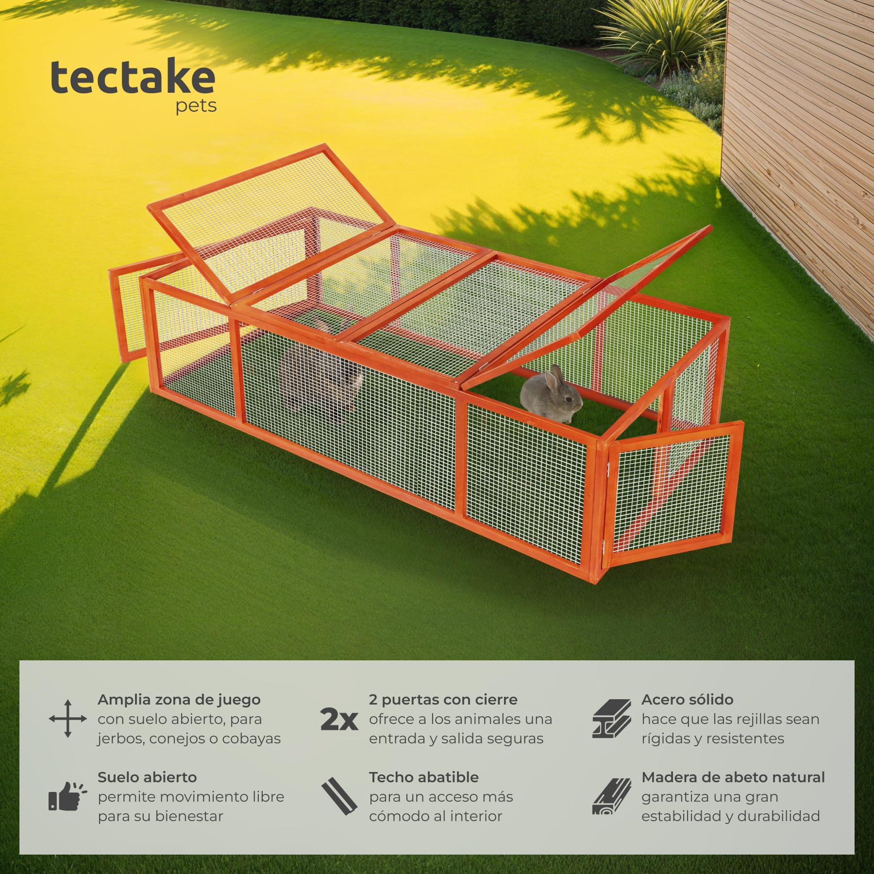 Tectake Conejera Exterior Madera con Dos Puertas y Rejilla Metálica, Jaula Conejo Exterior, 181 x 90 x 48 cm Marrón