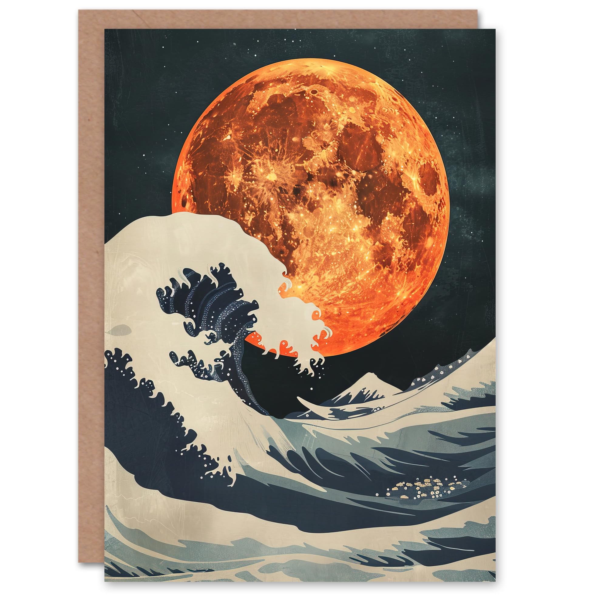 Artery8 Orange Moon Over Japanese Ocean Waves Artwork Greeting Birthday Card Him Her All Blank