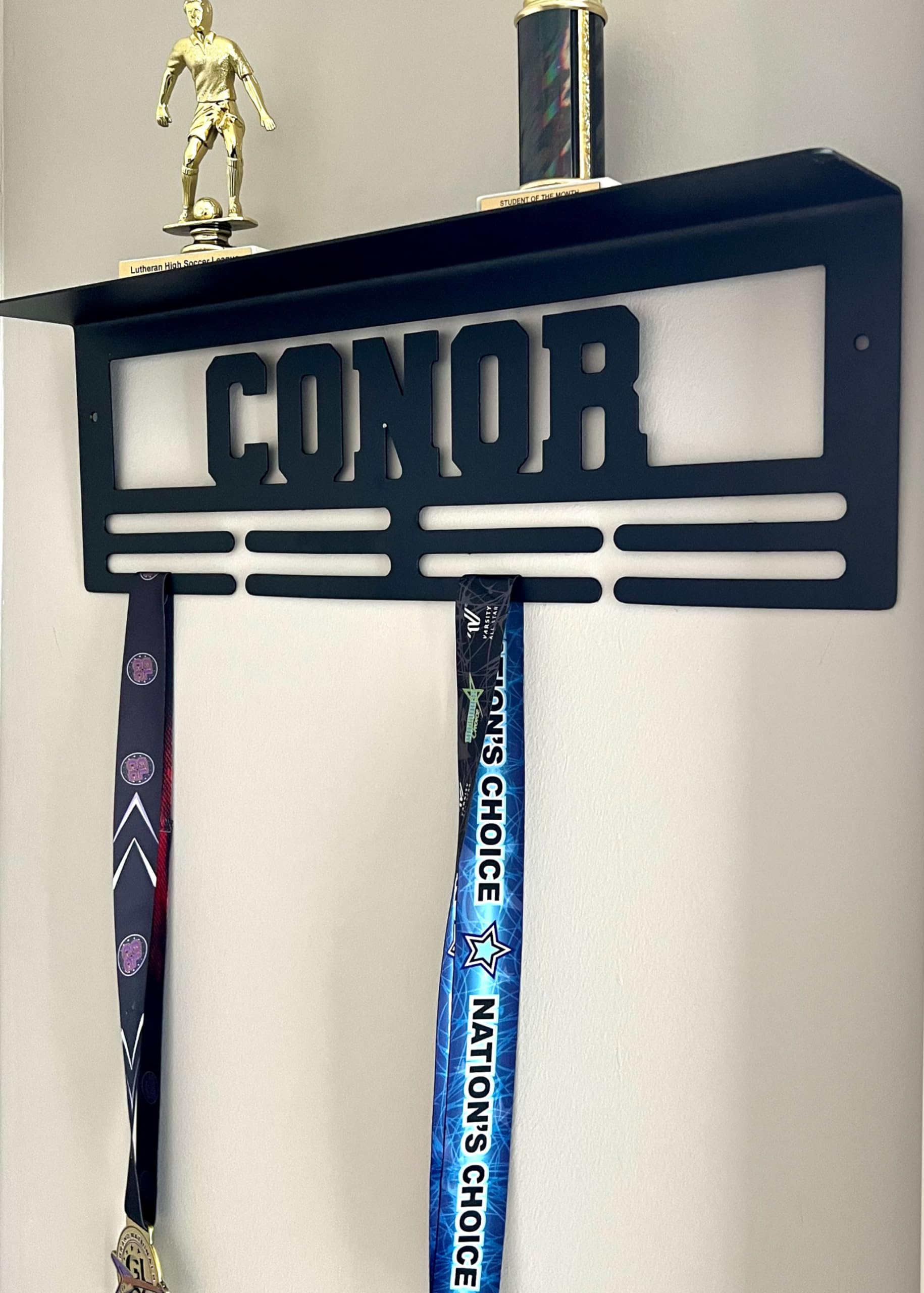 Pearl Sign Co. Custom Name Medal Hanger and Trophy Shelf - Medal Holder Custom Text 8 Rungs for Medals & Ribbons Medal Hanger Medal Display Award Display (21 Inch Width)