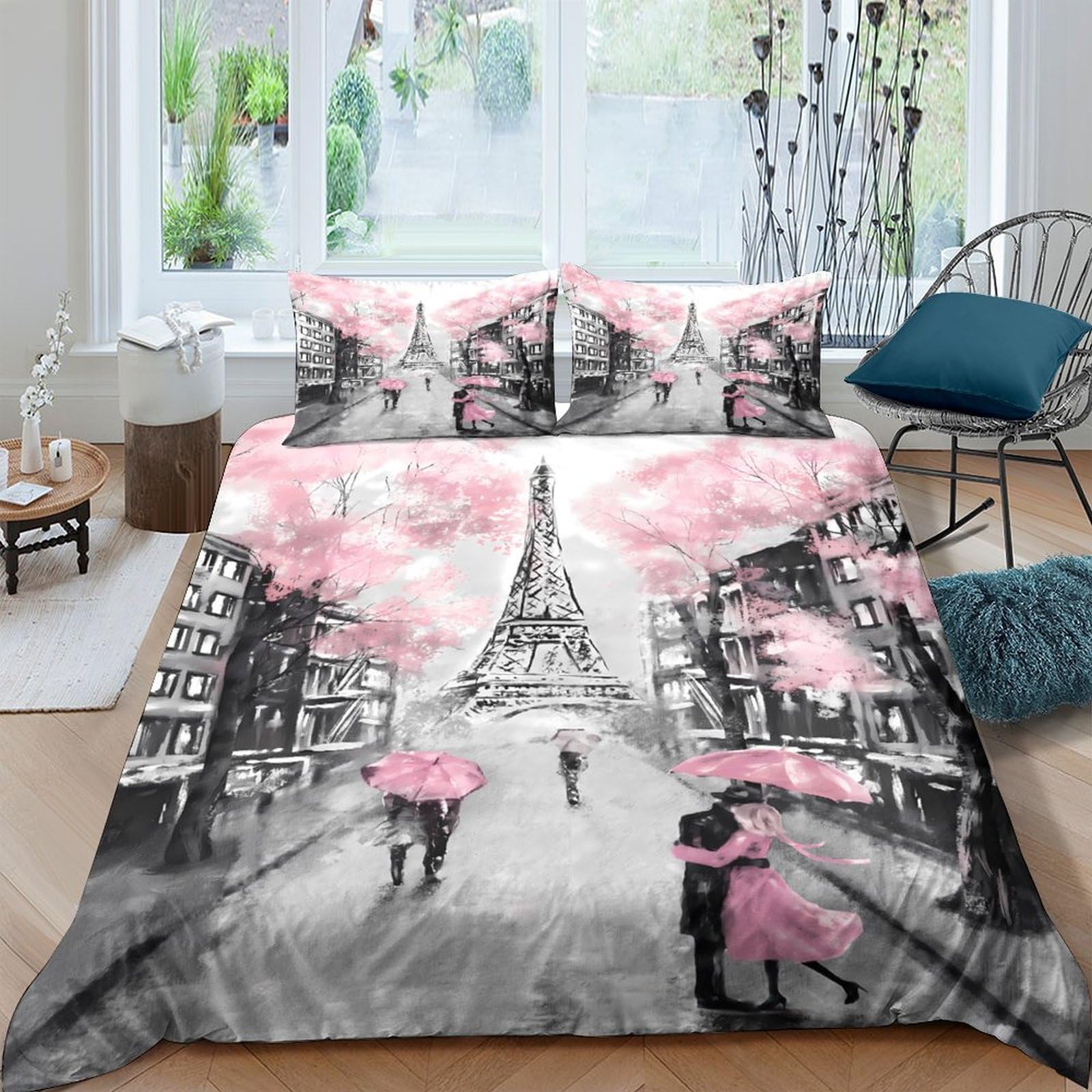 GPLZQXKJNH 3D Printed Paris Eiffel Tower Duvet Cover Microfiber Pink Cityscape Bedding Set with 2 Pillowcases for Bedroom Decor Single（135x200cm）