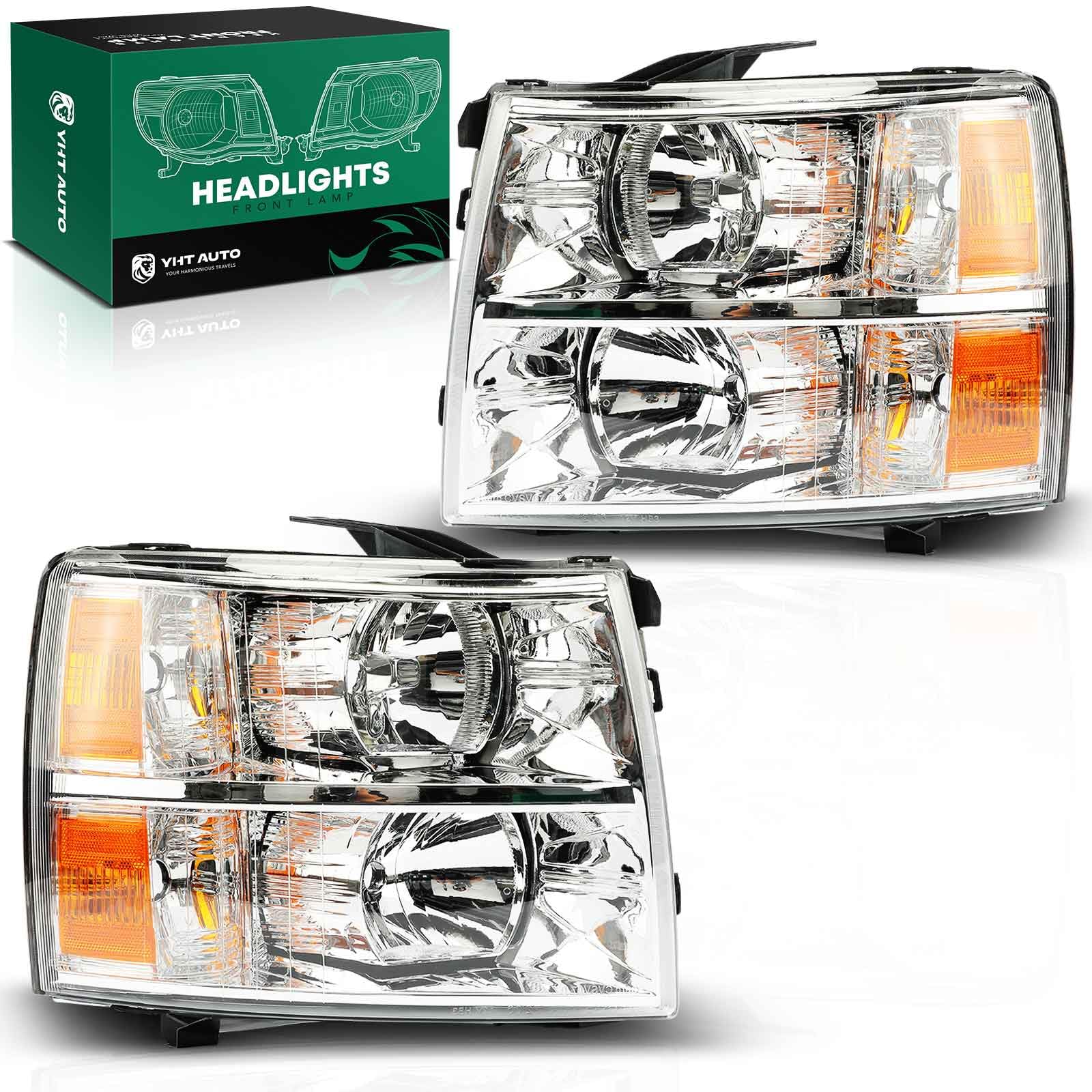 Euro Style Chrome Headlights For 2007-2014 Chevy Silverado 1500 - Clear Lens & Reflector, Halogen, Pair