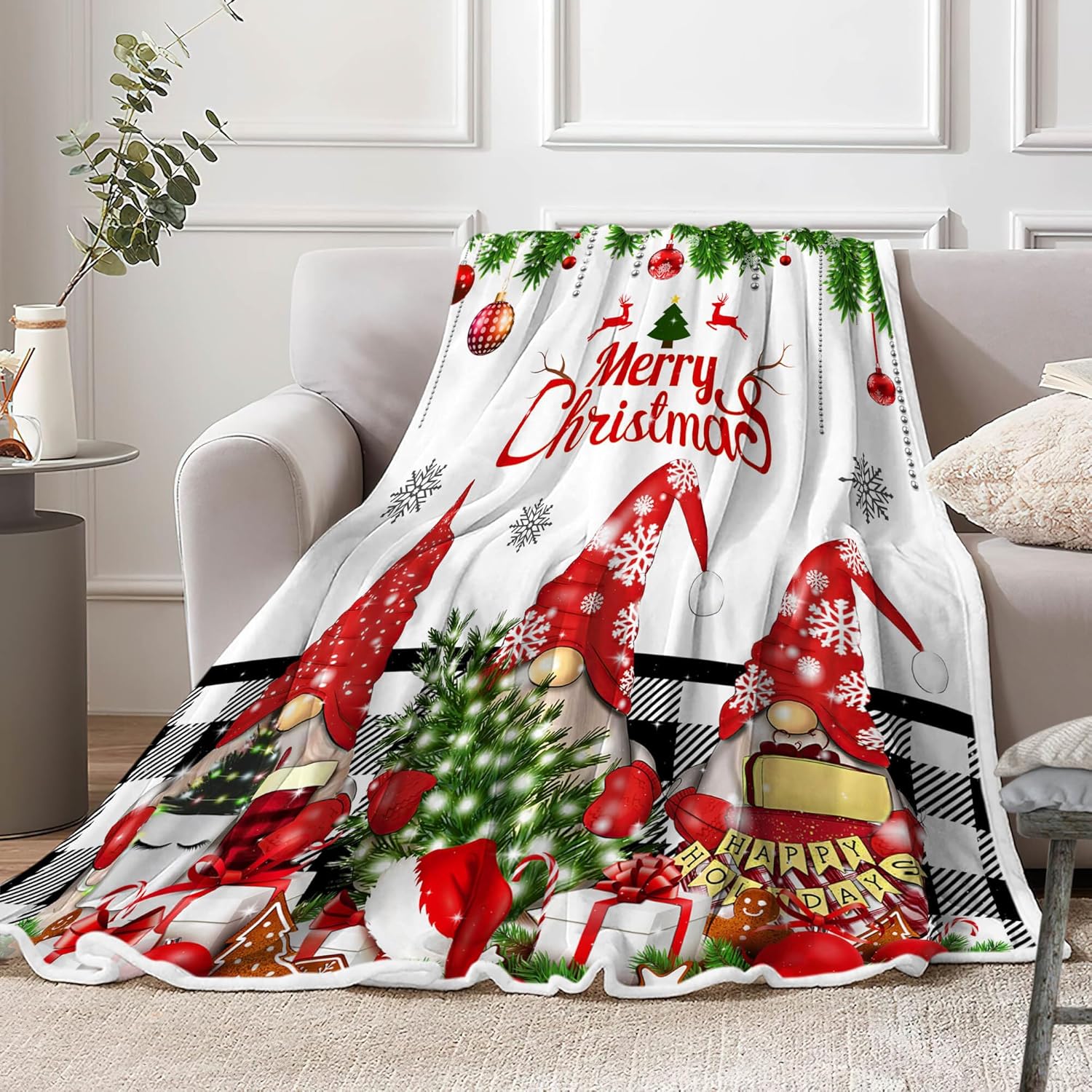 Christmas Throw Blanket, Cute Gnomes Snowflake Winter Christmas Fleece Blanket, Xmas Trees Soft Plush Warm Cabin Throw for Couch Sofa Bed Decor, 60 x 80 Inch