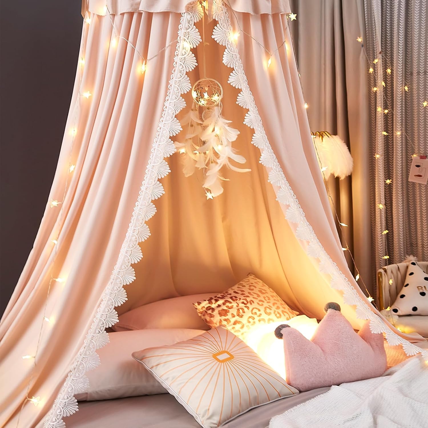 Kertnic Bed Canopy for Girls, Ruffled Soft Pink Princess Canopy Dreamy Bow Decor, Bed Canopies for Kids Room, Hanging Canopy Bedding Drapes Toddler Reading Nook Play Tent (Pink)