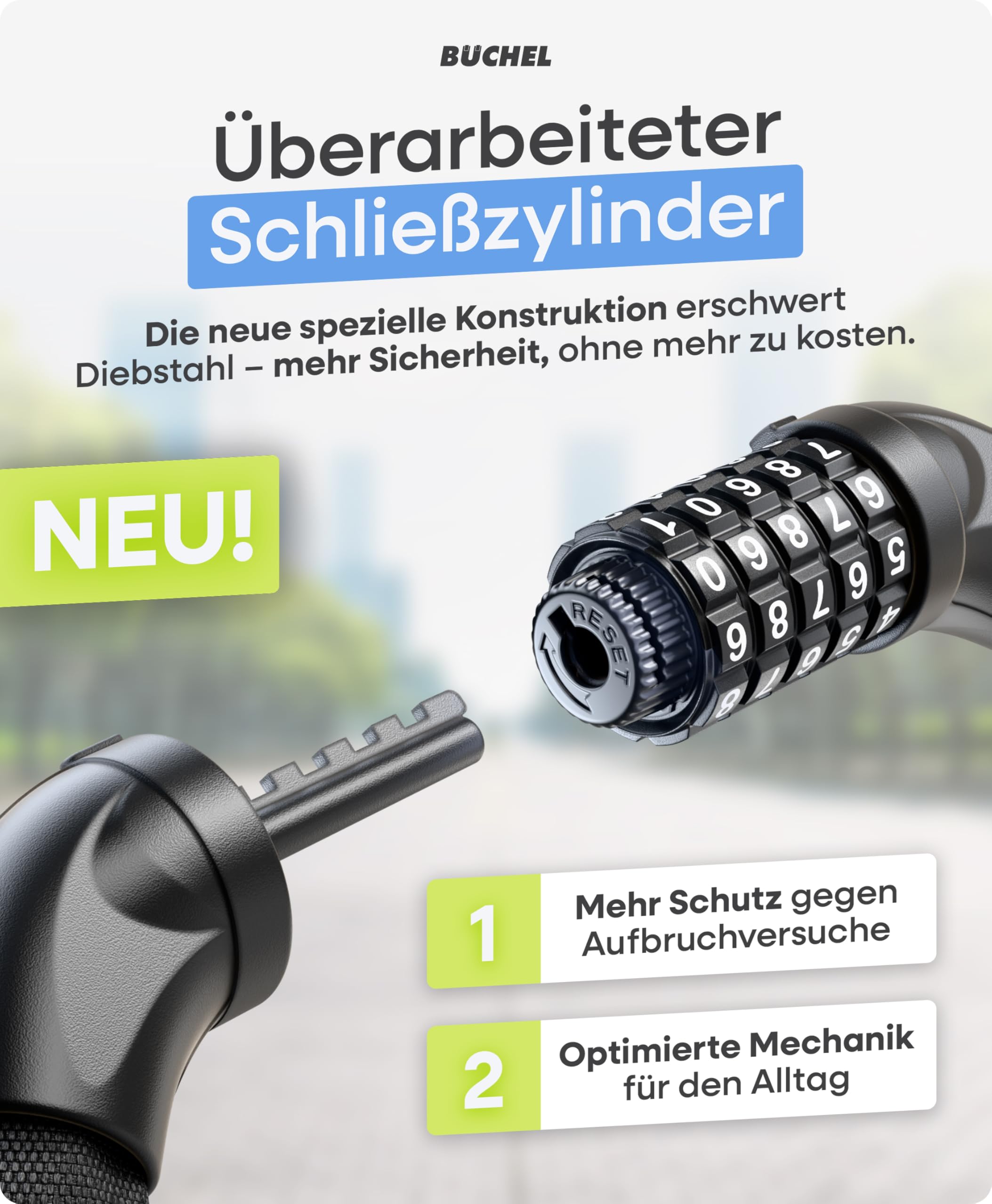 Büchel Sekura Fahrradschloss 90 cm mit 5-Zahlen-Code - Kettenschloss Kinder & Erwachsene mit Großem Zahlenfeld & Nylonbezug