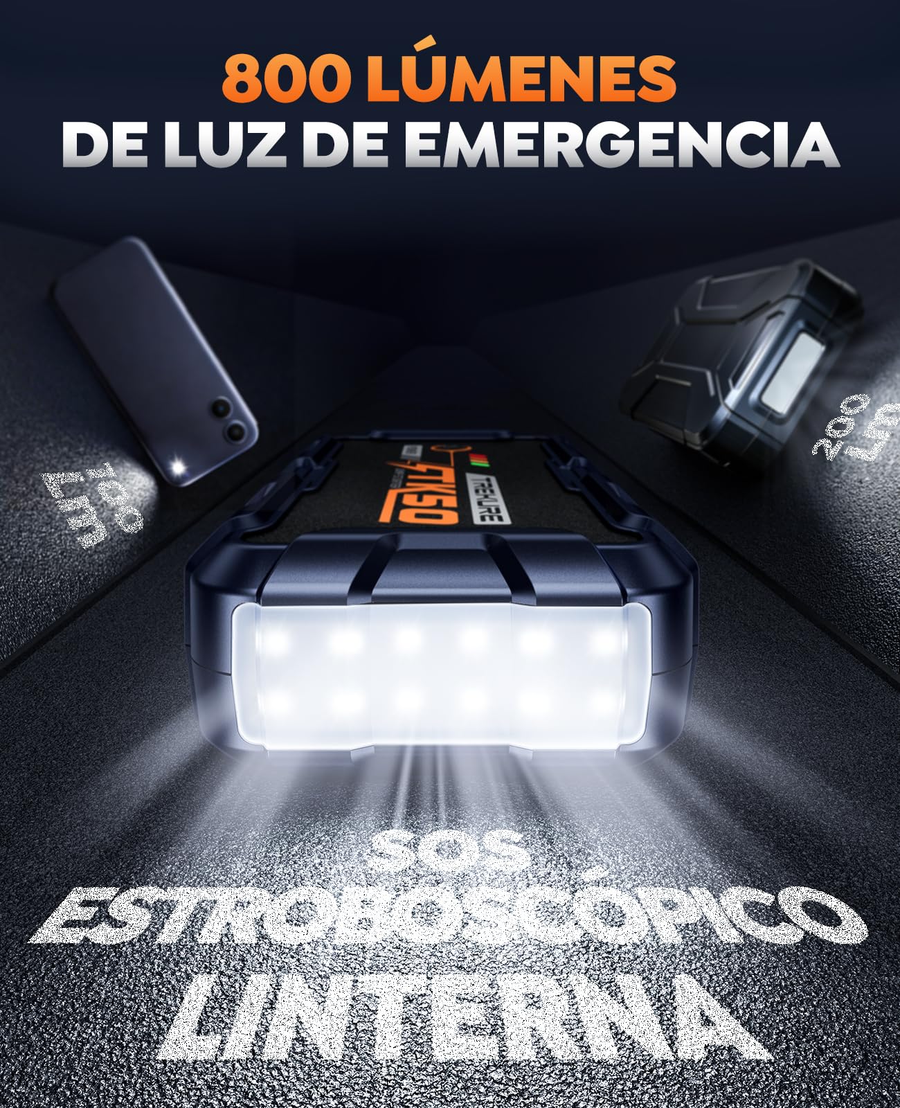 TREKURE Arrancador de Baterias de Coche 9000A (12L Diésel y Todo Gasolina), Arrancador de Coches Portátil con 18W Carga Rápida, 12V Jump Starter con Pinzas Reforzadas y 800 LM Linterna LED