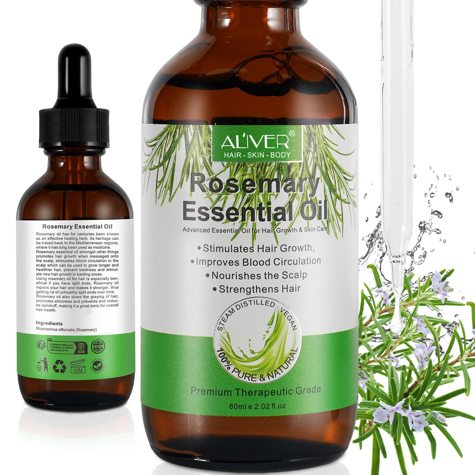 Rosemary Oil for Hair Growth, Natural Essential Oil with Aromatic Experience, Organic Pure Rosemary Essential Oil for Beard Growth, Eyelash Care, Nourishes the Scalp, Skin Care - 2.02 Fl Oz