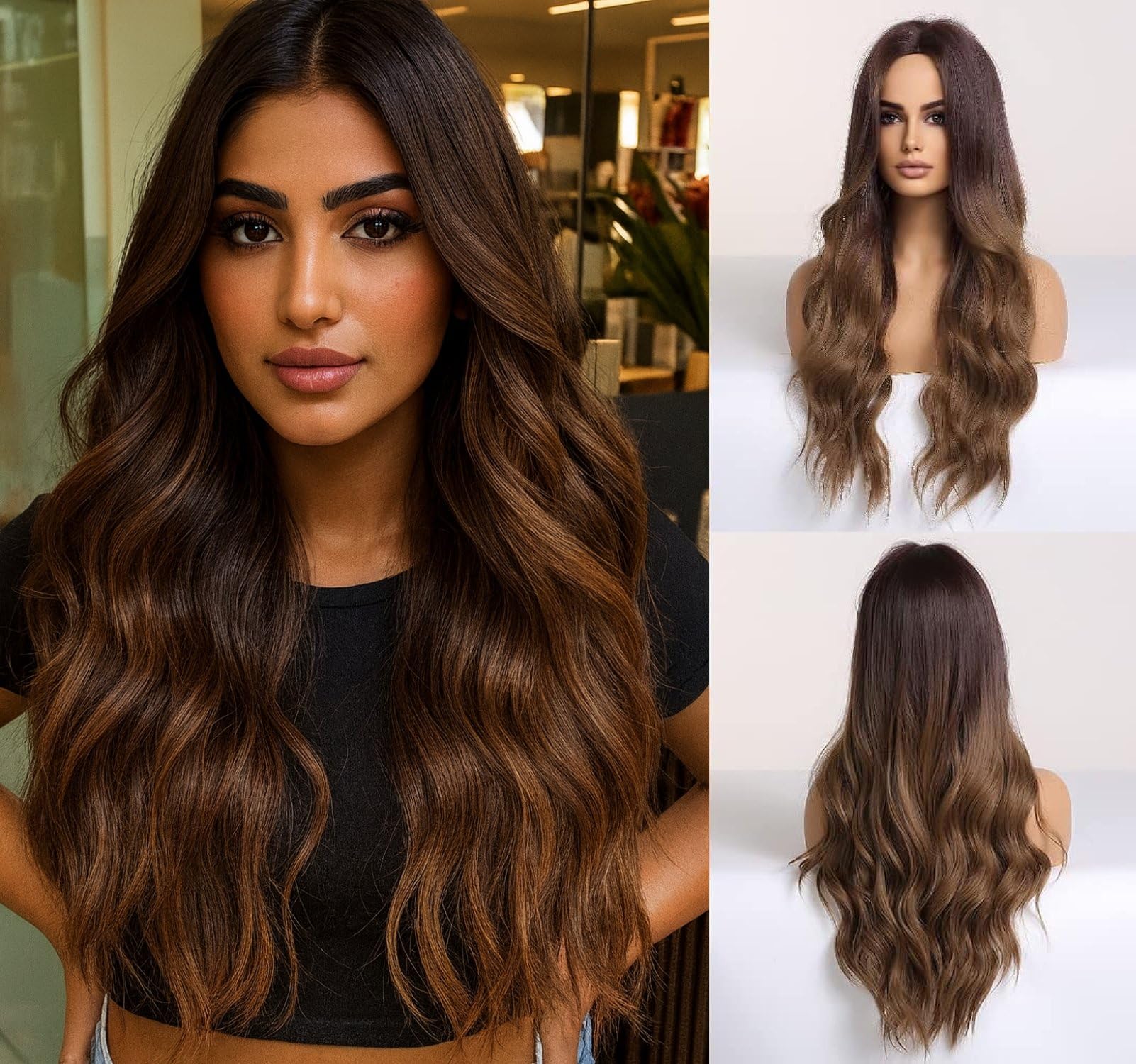 ChicAbode Long Wavy Ombre Brown Wig for Women, 65cm Heat Resistant Synthetic Curly Wig with Middle Part, Natural Looking Layered Brunette Wig for Daily Wear, Cosplay, Party
