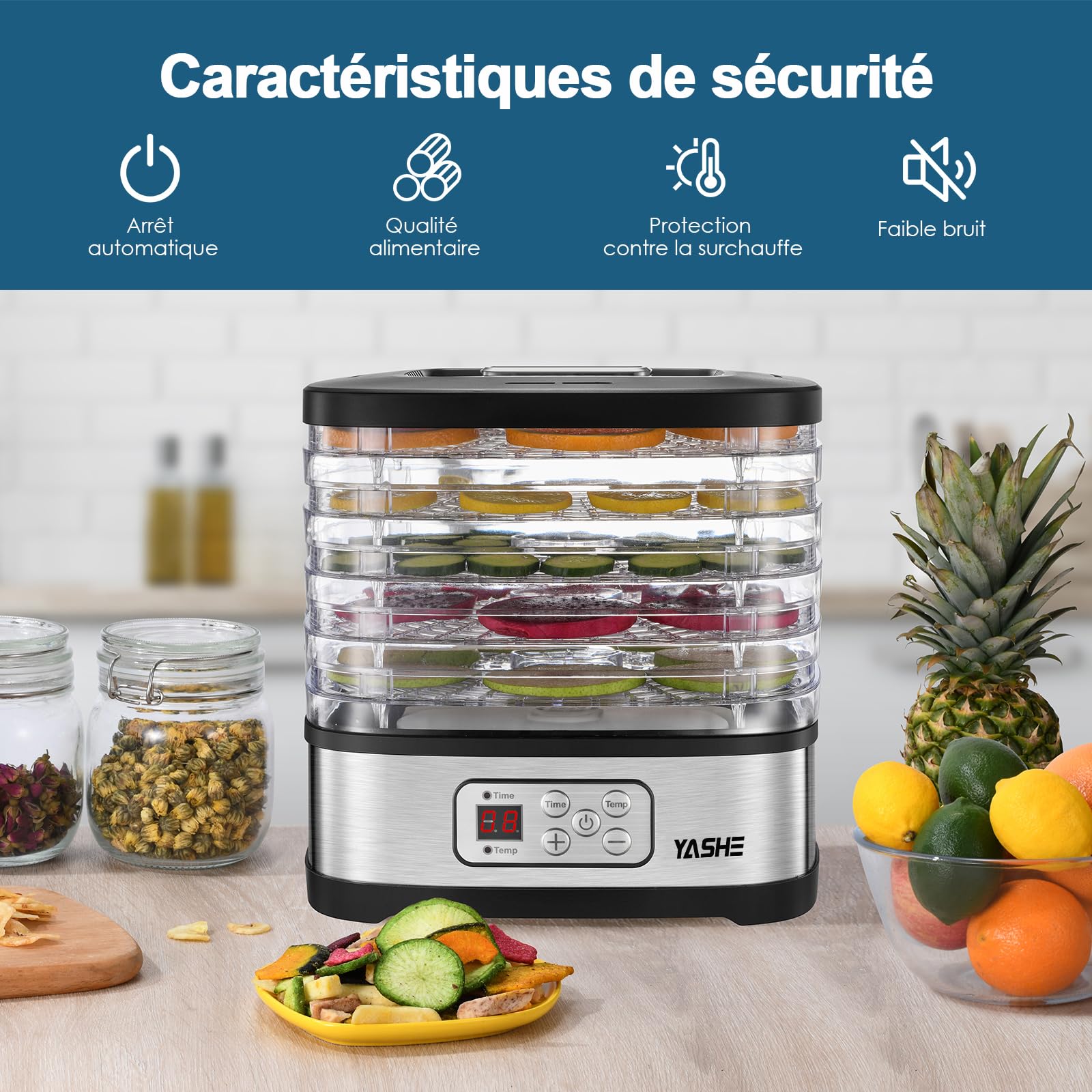 YASHE GGJ-261B Déshydrateur Alimentaire, Contrôle de Température de 35 à 70°C et Minuterie de 72 Heures, 5 Plateaux Réglables en Hauteur, Déshydrateur pour Fruits et Légumes, 240 Watts, Sans BPA
