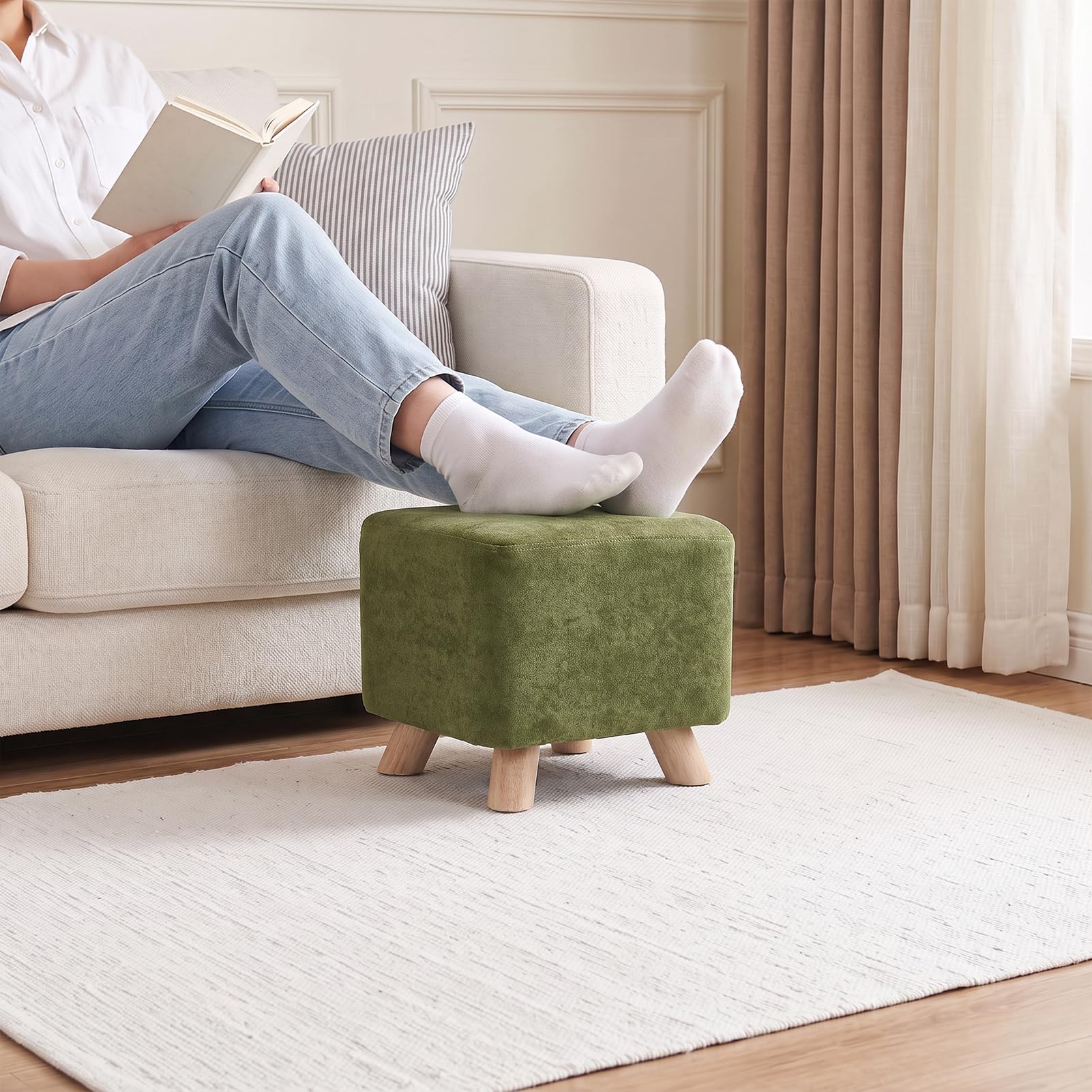 INMOZATA Footstool Chenille Upholstered Foot Stool, Olive Green, 28D x 28W x 26H cm - Image 3