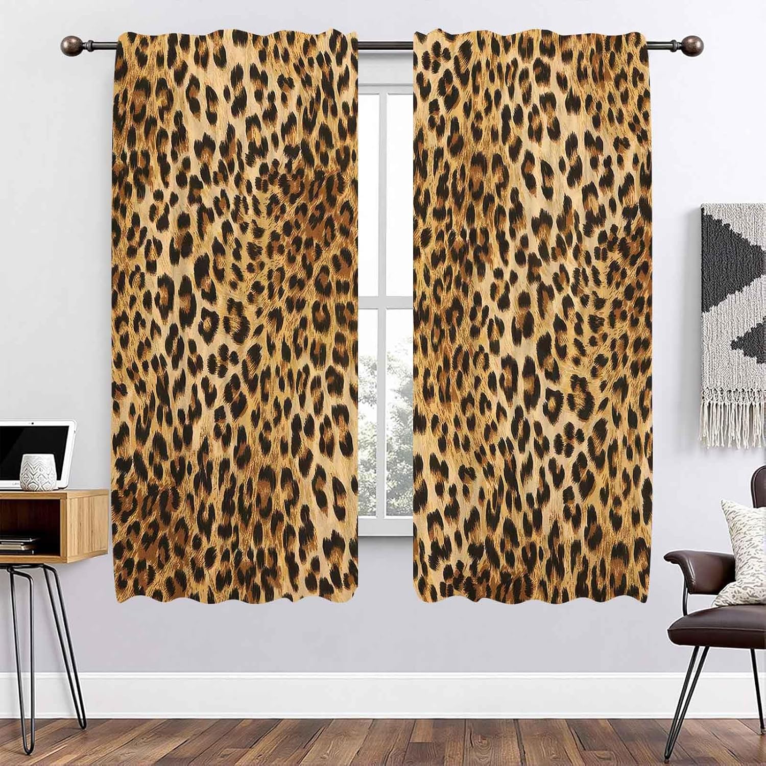 Leopard Print Curtains Brown Cheetah Animal Voile Window Decoration Drapes Treatment Safari Retro Semi-Sheer Curtain for Living Room Bedroom Home Decor 2 Panels Polyester 41x84Inch