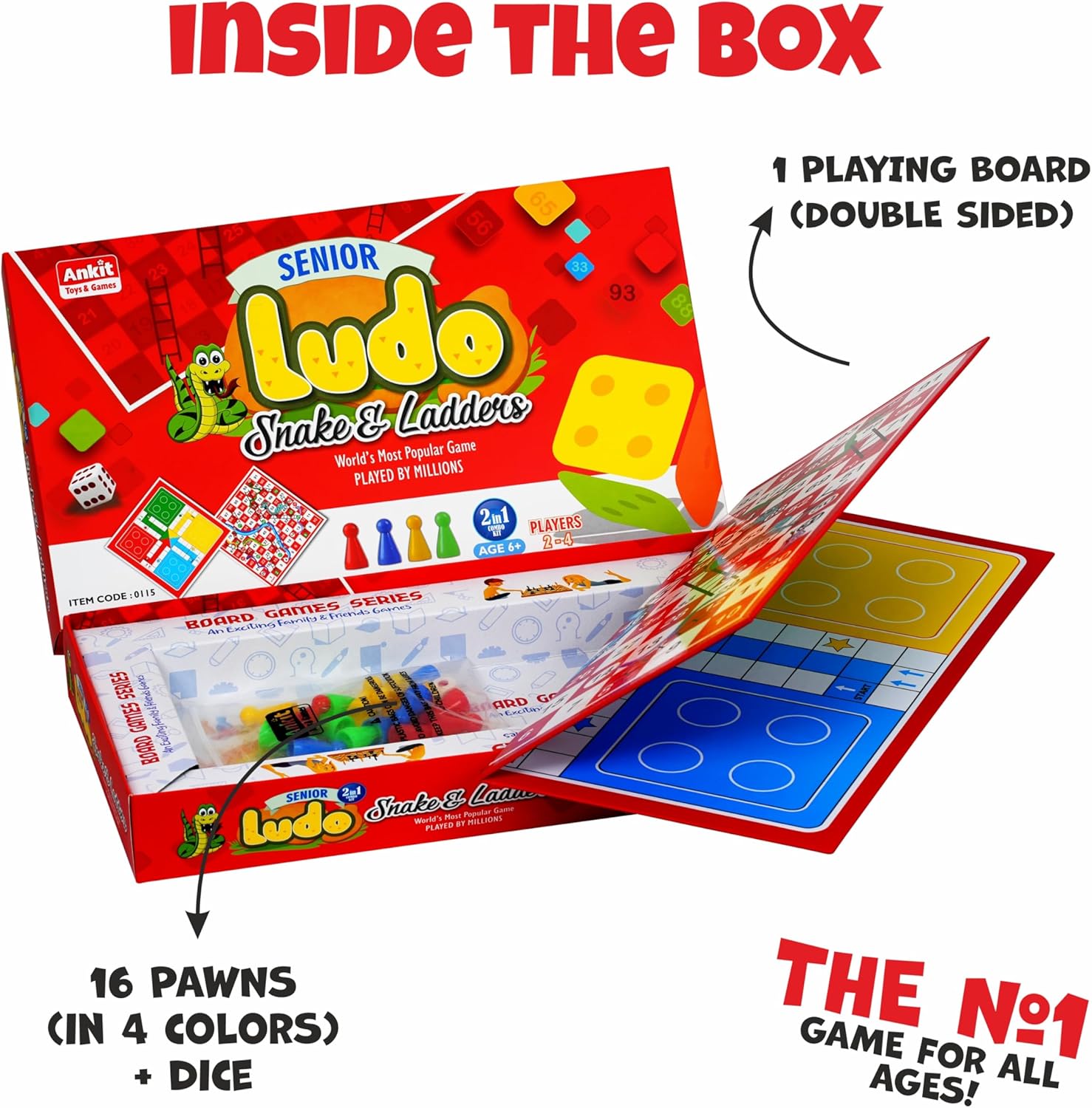 Ankit Toys & Games Ludo & Snakes and Ladders (Saap Seedhi) Board Game Set Classic 2in1 Family Fun for Kids and Adults for Ages 6+ | Travel-Friendly Strategy Game (Ludo Senior Red)