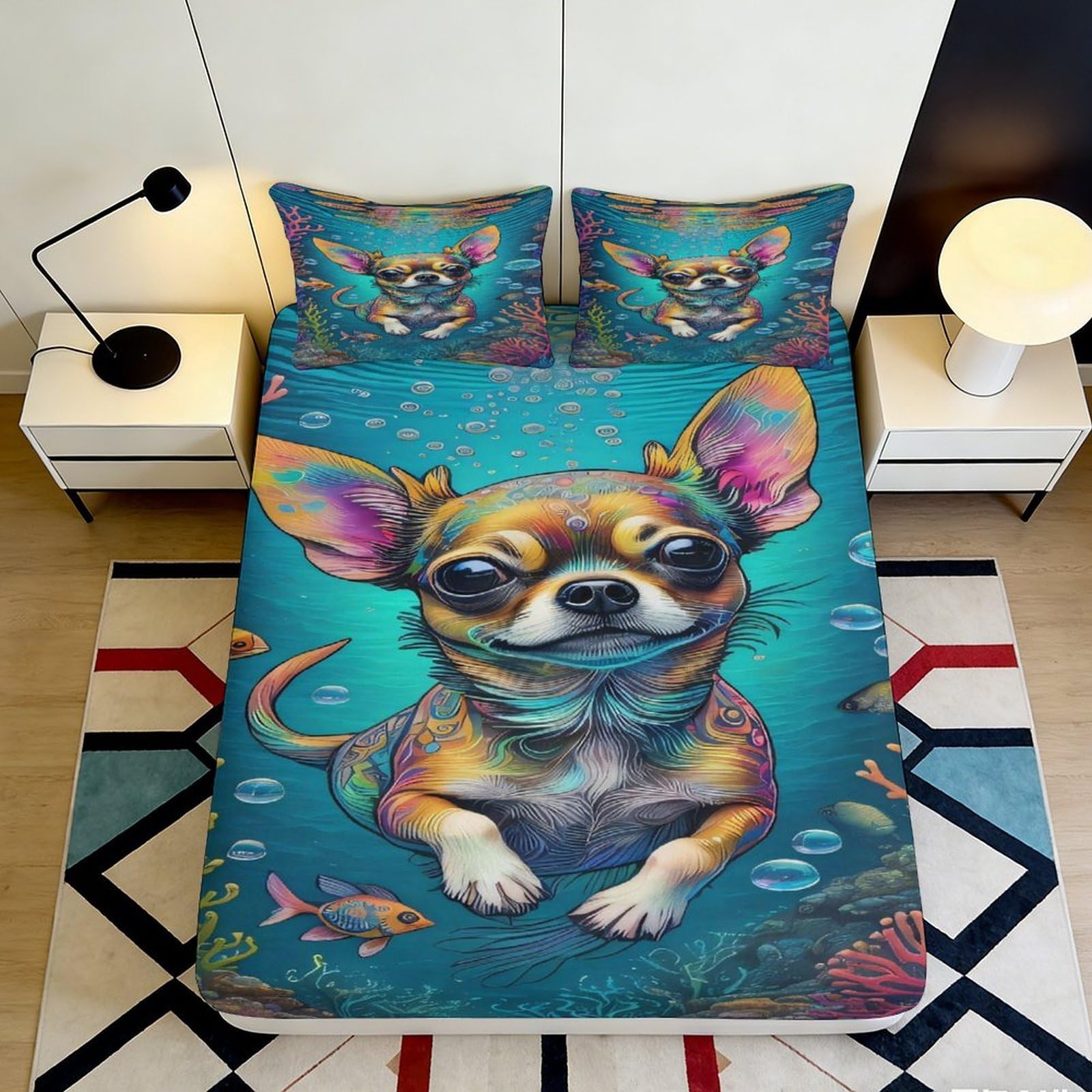 3D Printed Underwater Chihuahua Fitted Sheet Microfiber Anti-Slip Bed Cover for Bedroom Guest Room Decor Easy Care 90x200x25cm