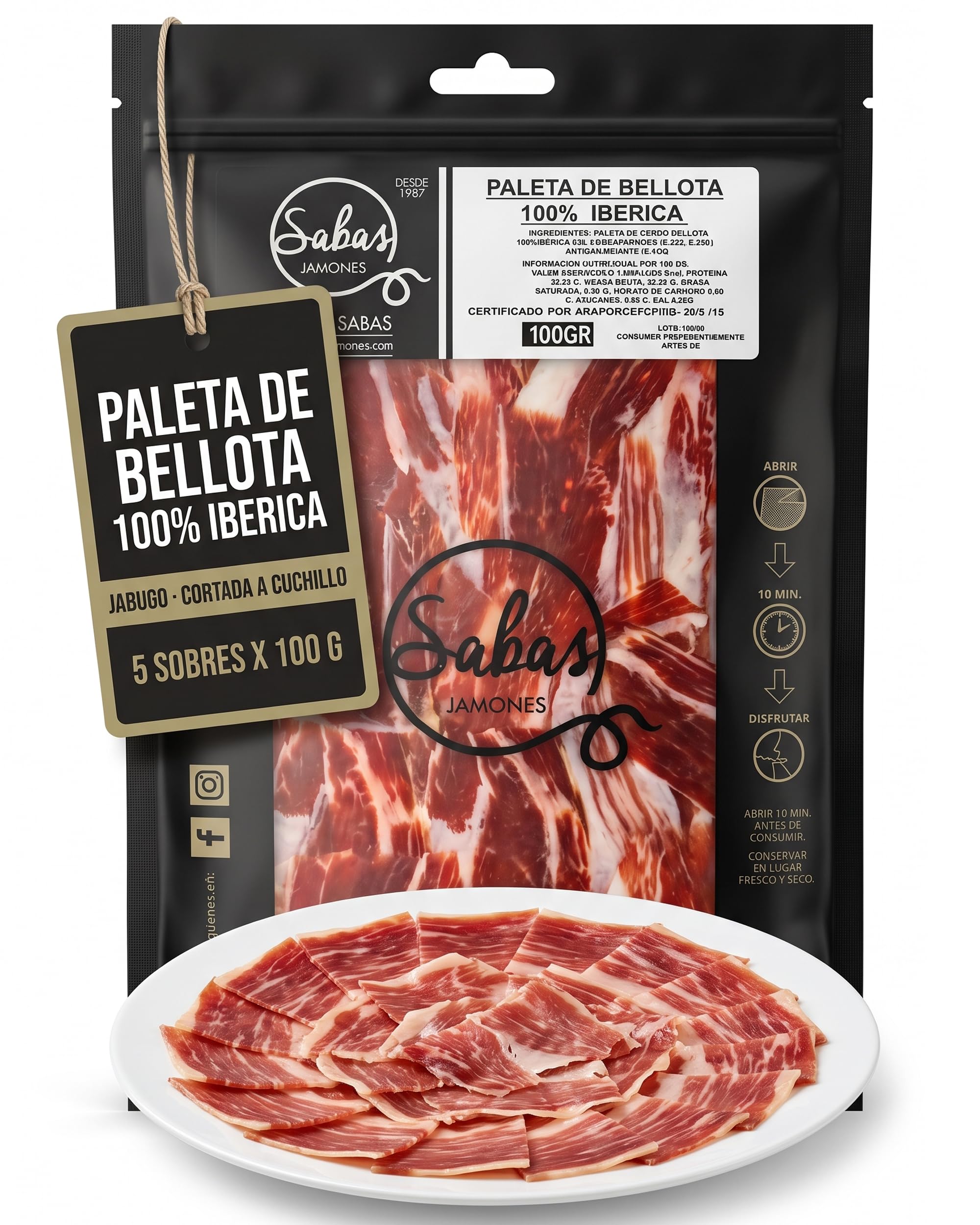 Paleta de Bellota 100% Iberica de Jabugo Cortada a Cuchillo 5 Sobres 100 g | Jamon iberico loncheado pata negra al vacio; curacion 30 meses, Sierra Huelva. Para tabla, aperitivo, cesta y regalo