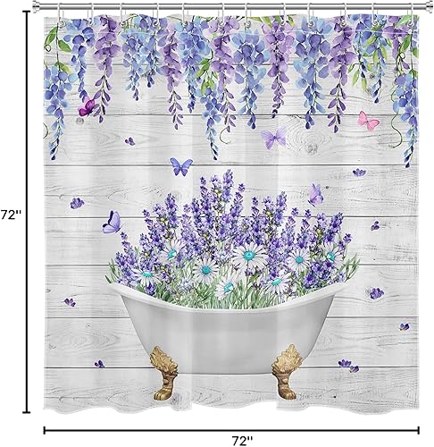 Miniatura 8 de LB Juego de cortinas de ducha de mariposa y flores con alfombras, margaritas y morado lavanda, hojas de eucalipto, cortina de ducha verde con