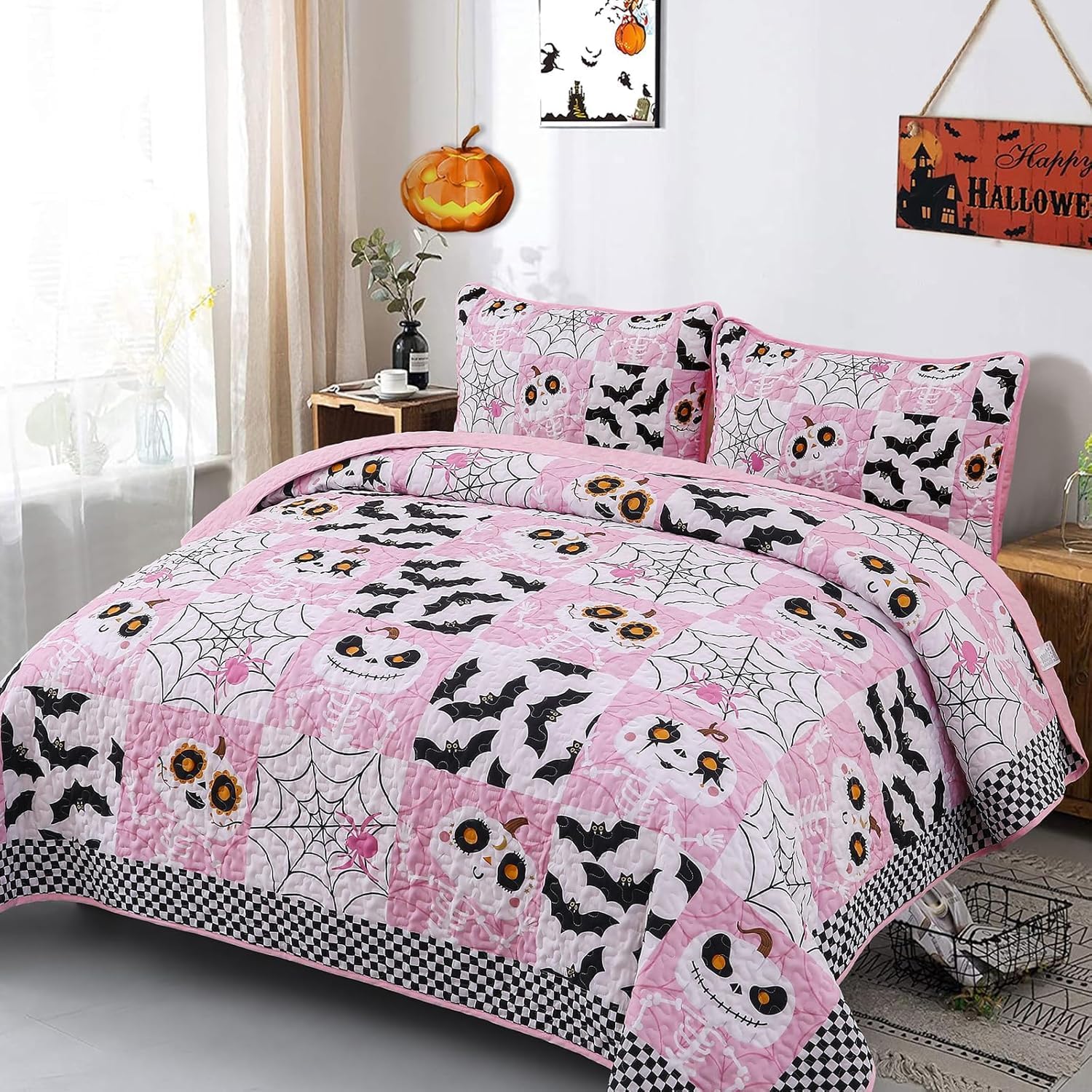 Menghomeus Halloween Quilt Full/Queen Size, 3Pcs Pink Patchwork Bedspread image 2