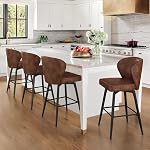 LUE BONA 26 Inch Swivel Bar Stools Set of 3, Counter Height Bar Stools with Back, Upholstered Counter Stools, Faux Leather with Stitching, Metal Legs, Easy Assembly, Light Beige Gray