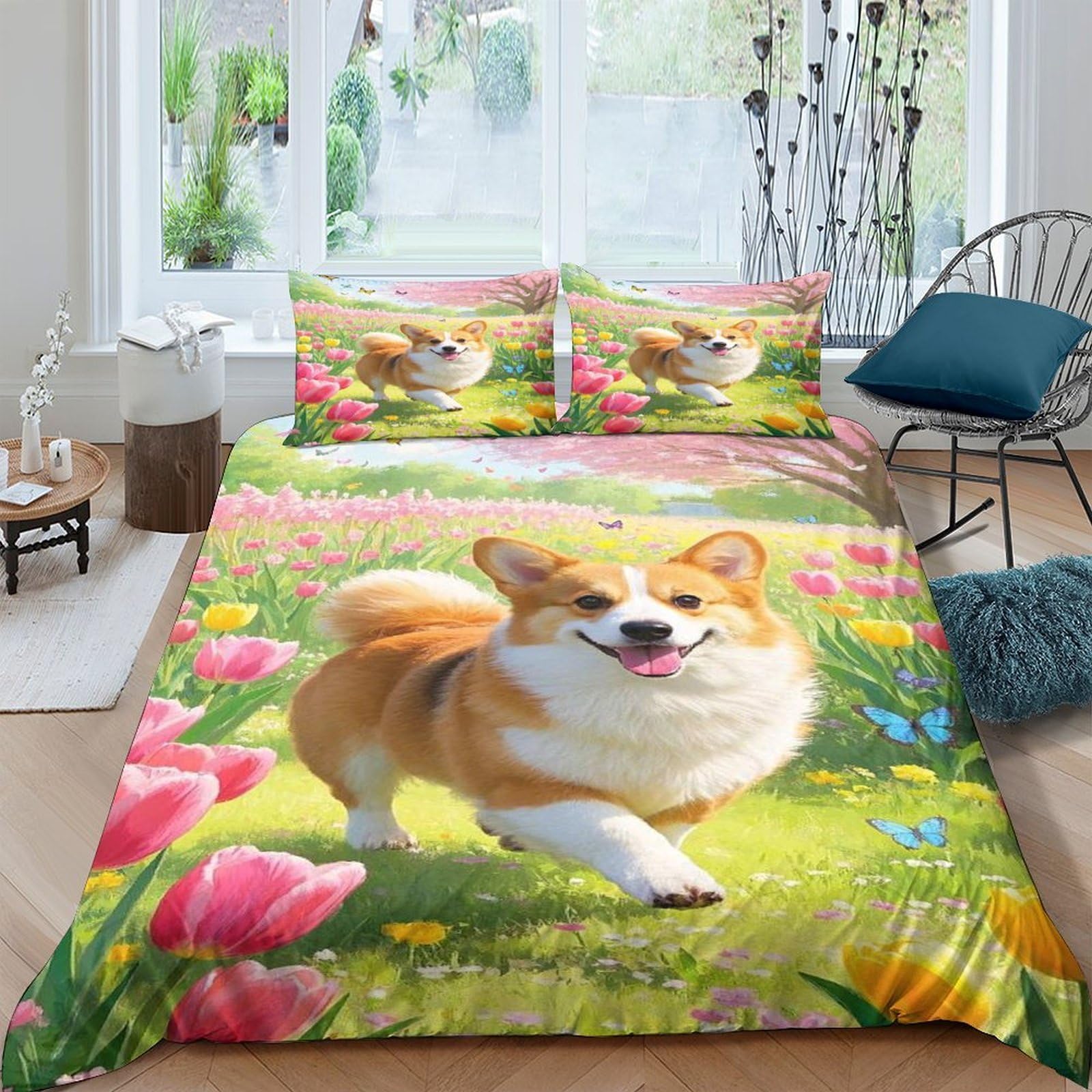 Ctjqhvkz Style-1 3D Printed Corgi Dog Fitted Sheet Microfiber Floral Meadow Mattress Cover Anti-Slip Machine Washable Bedroom Decor Single（135X200cm）