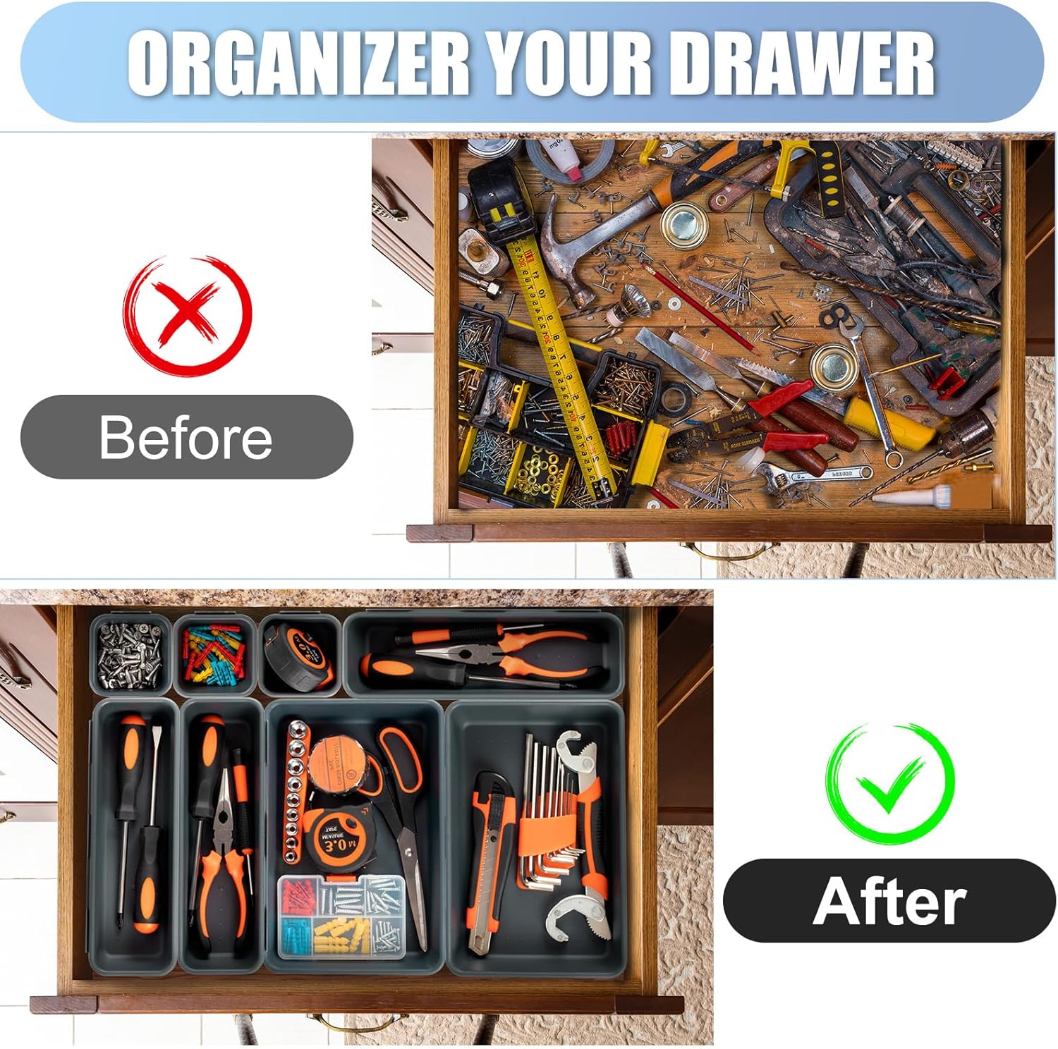 Tool Box Organizer Tray Divider, Toolbox Desk Drawer Organizer with 3 Sizes, Organization and Storage Toolbox for Garage Accessories (Grey 60 PCS)