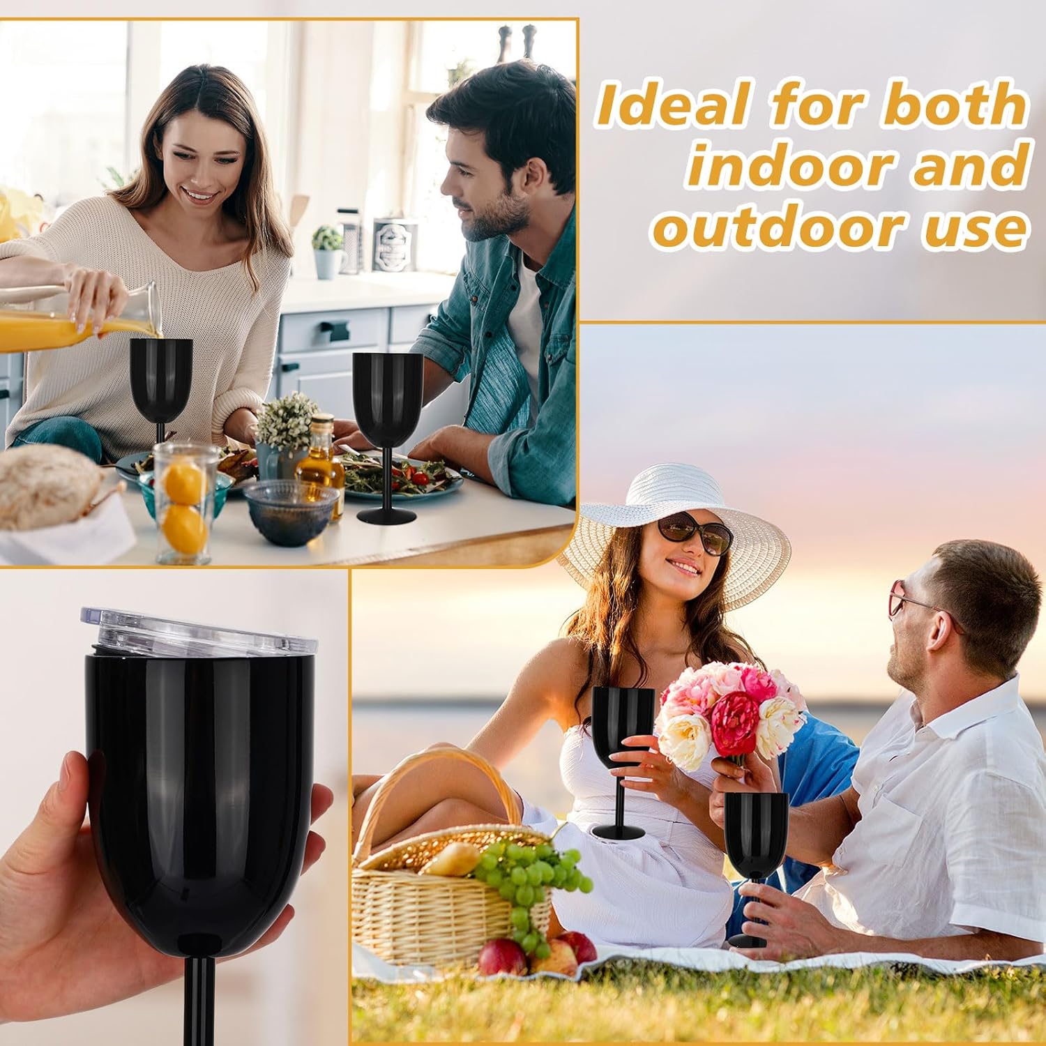 Yinder 8 Pcs Stemmed Stainless Steel Wine Glasses, 12 oz Stainless Wine Goblet with Lids Double Wall Insulated Unbreakable Goblets Insulated Stem Tumbler for Friendship Birthday Party (Black) - Image 4